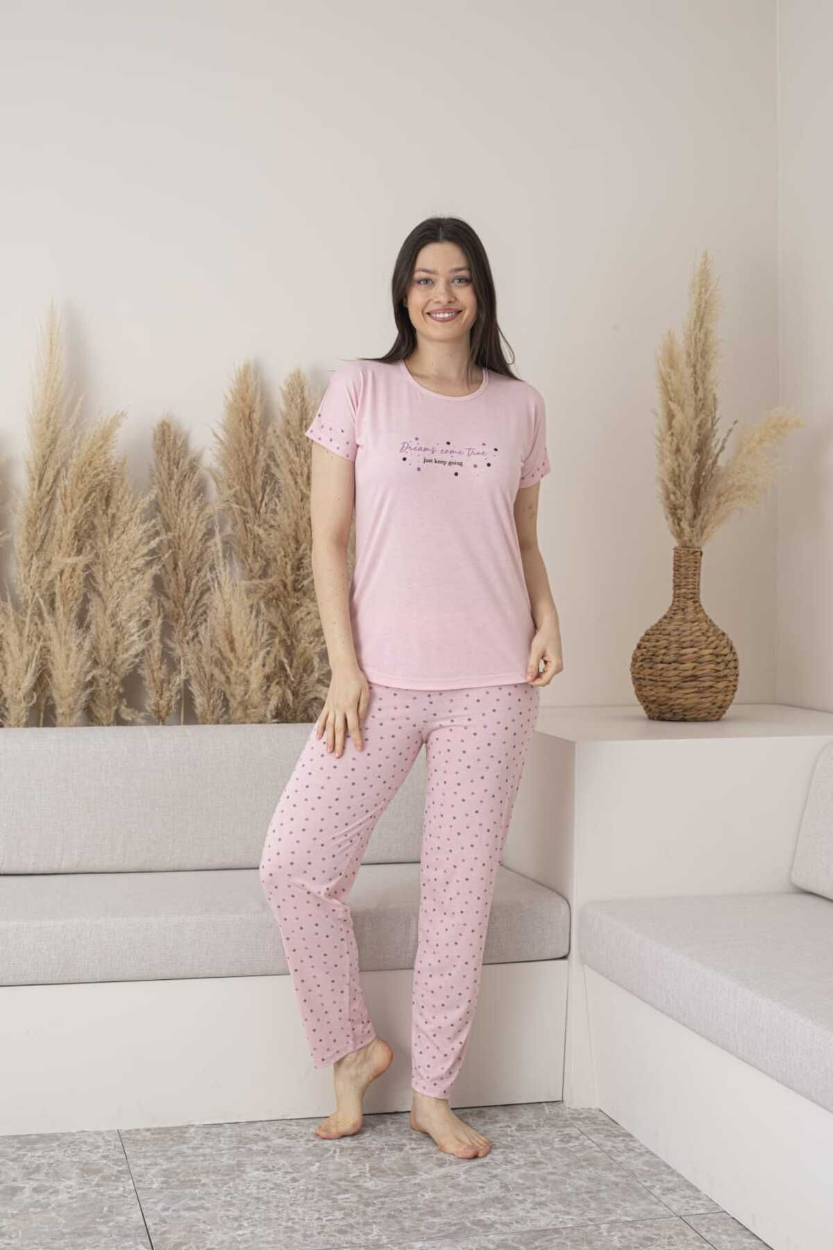 Lio20 Kadın Puantiyeli Viskon Kısa Kol Pijama Takımı-Pembe