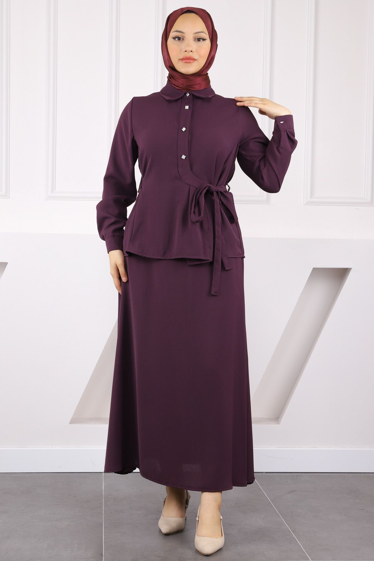 İmajButik Mürdüm Yan Bağlamalı Gömlek Etekli Takım