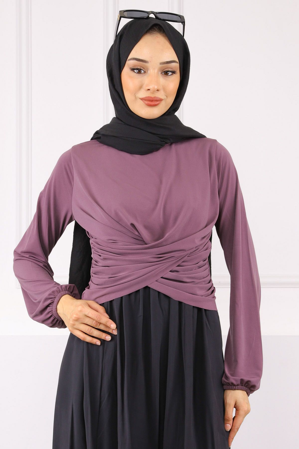 İmajButik Gül Kurusu Çapraz Drape Detaylı Sandy Bluz