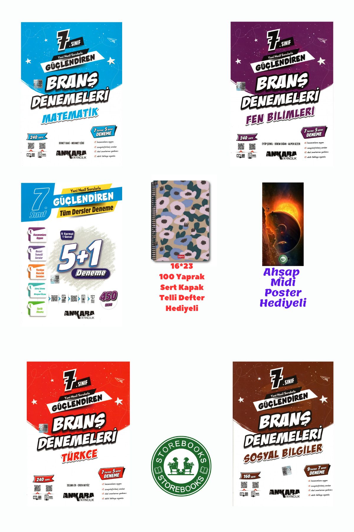 Ankara Yayıncılık 7. Sınıf Güçlendiren Mat+Fen+Türkçe+Sosyal Branş ve Genel Deneme Seti+Defter ve Ahşap Poster Hediye