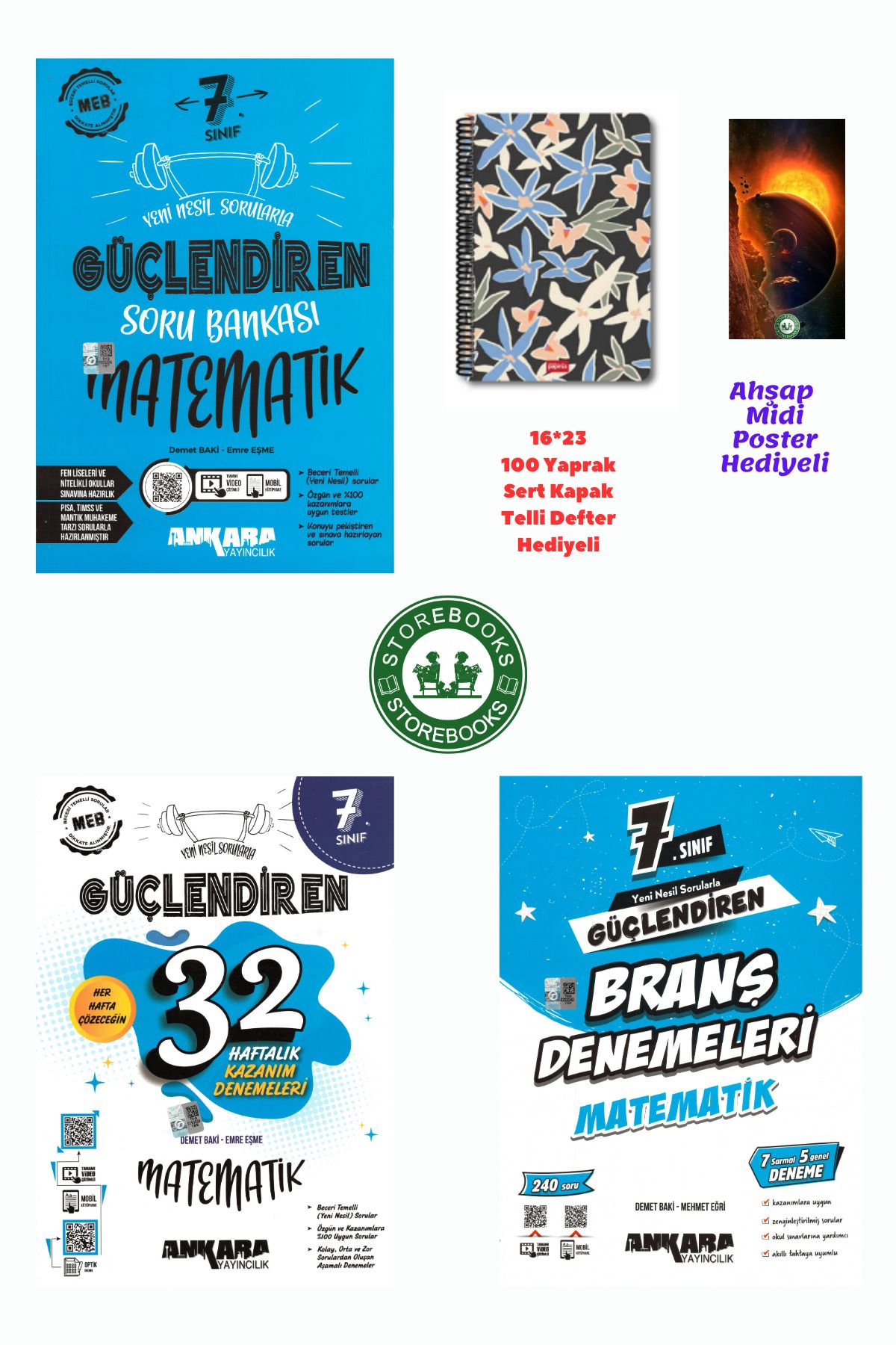Ankara Yayıncılık 7. Sınıf Güçlendiren Matematik Soru + Branş ve Haftalık Deneme Seti+Defter ve Ahşap Poster Hediye