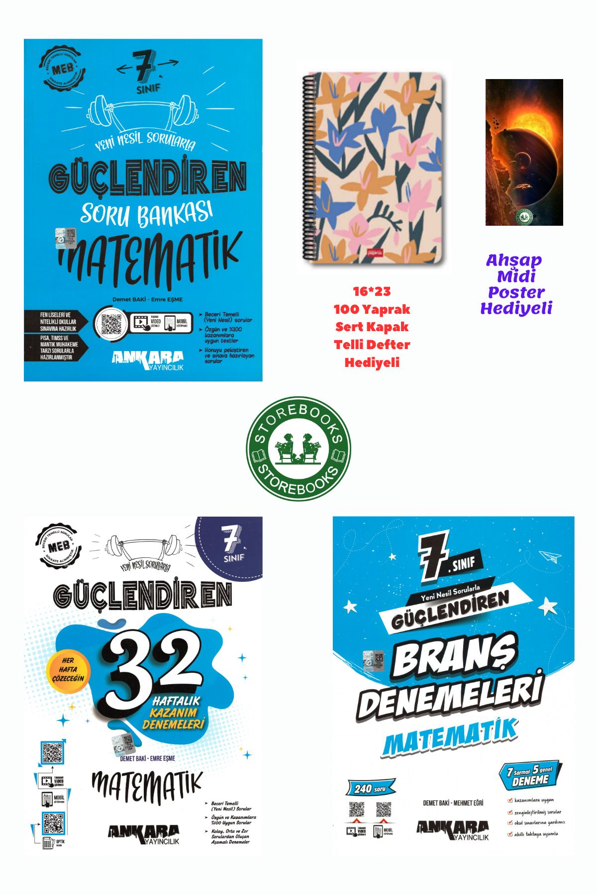 Ankara Yayıncılık 7. Sınıf Güçlendiren Matematik Soru + Branş ve Haftalık Deneme Seti+Defter ve Ahşap Poster Hediye