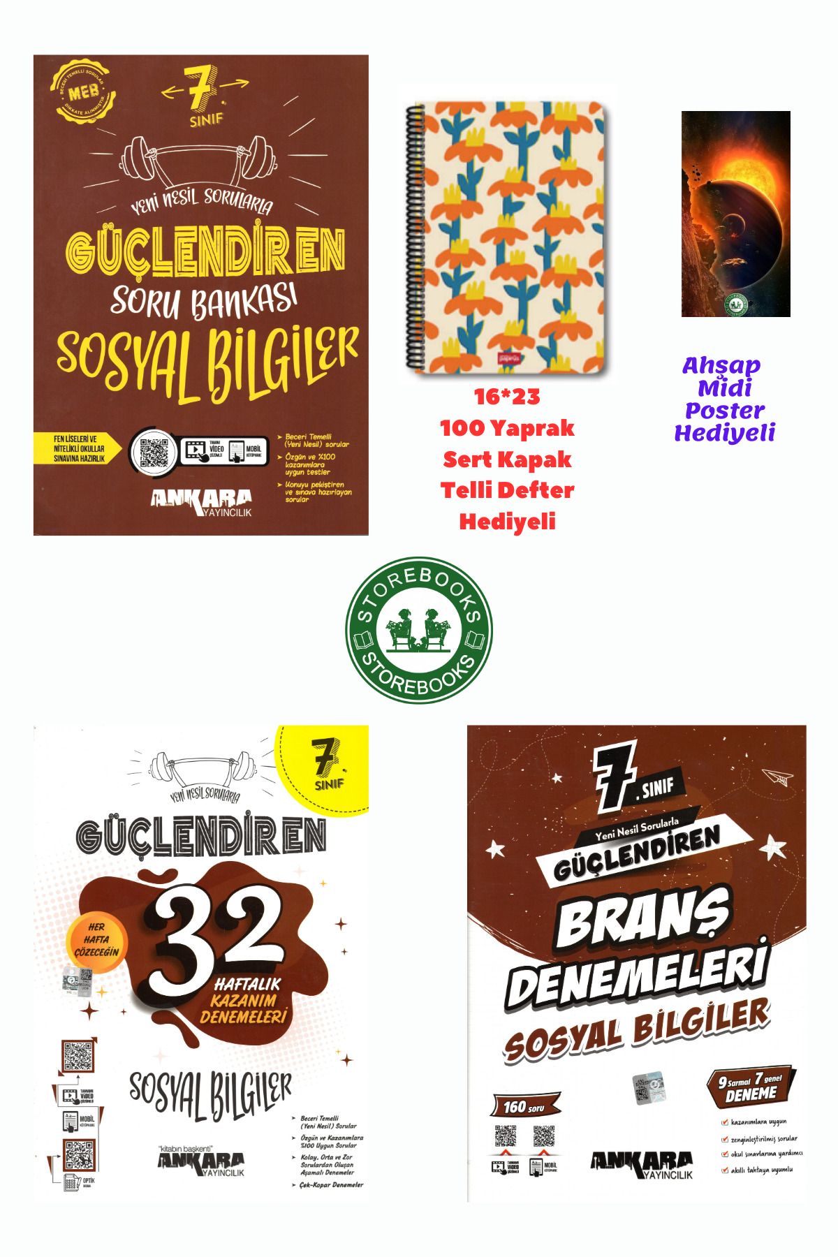 Ankara Yayıncılık 7. Sınıf Güçlendiren Sosyal Bilgiler Soru+Branş ve Haftalık Deneme+Defter ve Ahşap Poster Hediyeli