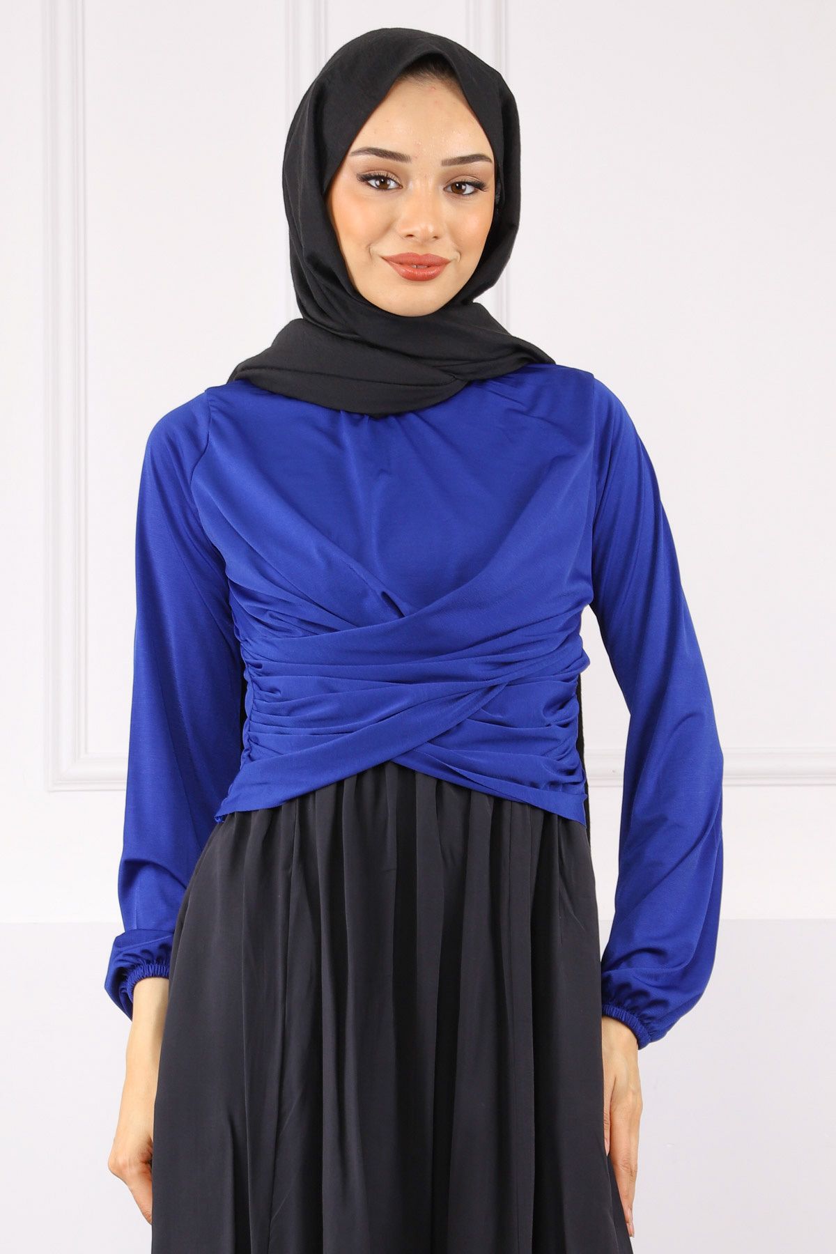 İmajButik Saks Mavi Çapraz Drape Detaylı Sandy Bluz
