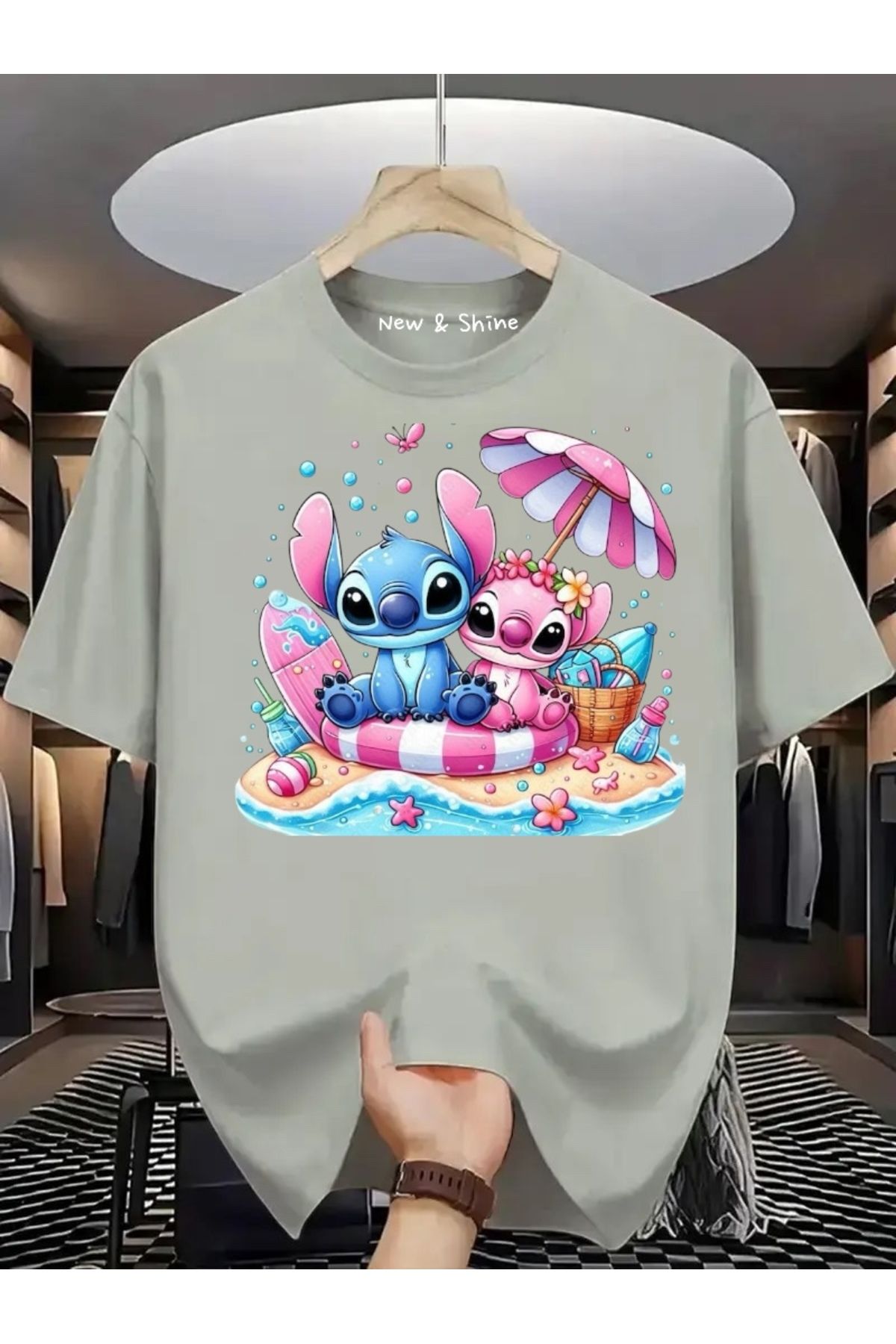 New Shine Stitch ve Angel Baskılı Büyük Beden Oversize T-Shirt