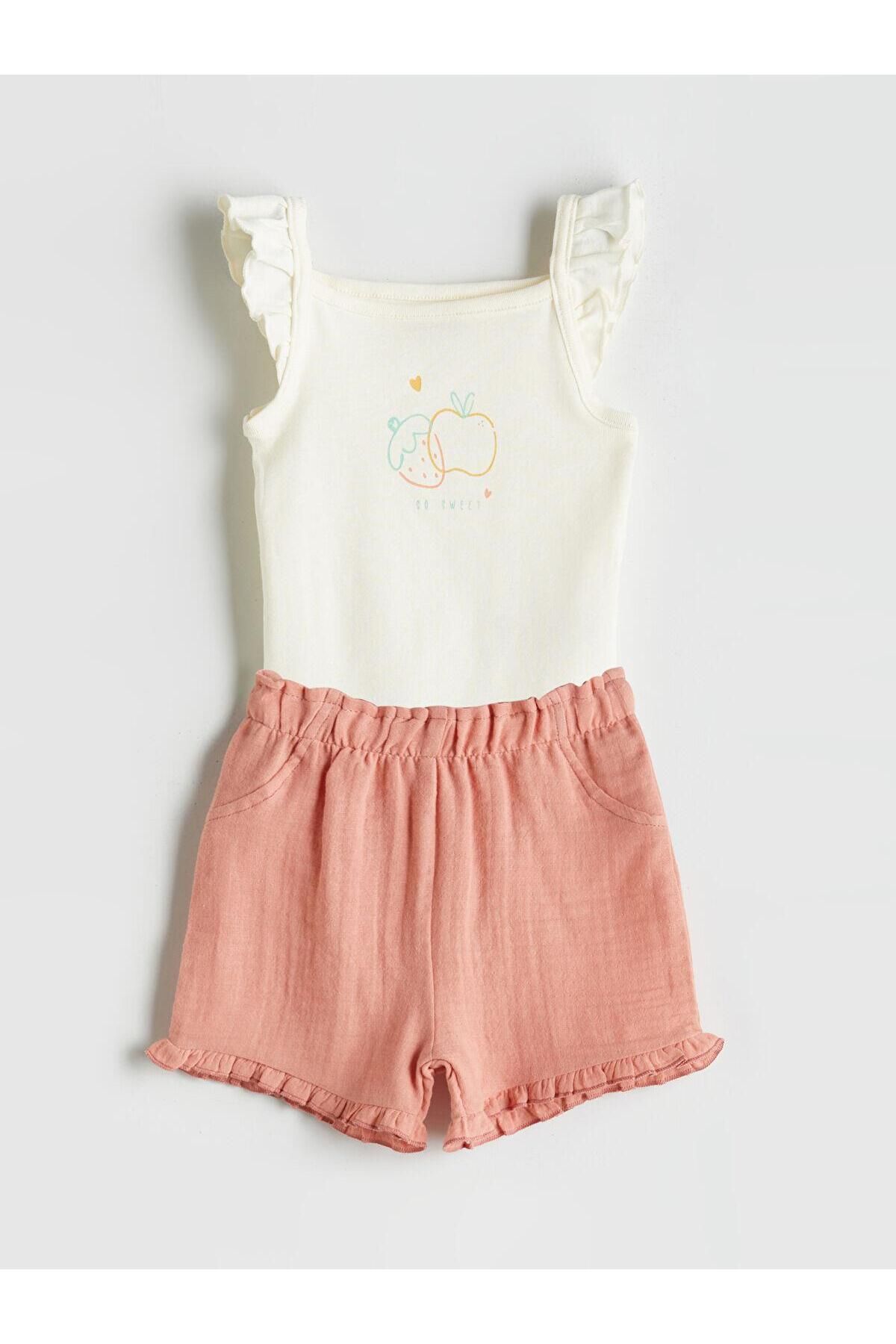 LC Waikiki LCW baby Bisiklet Yaka Kız Bebek Çıtçıtlı Body ve Şort 2'li (S5)