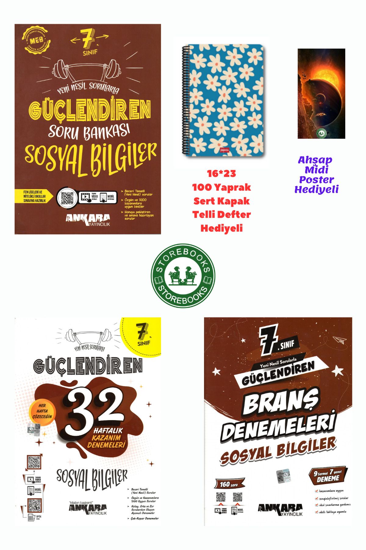 Ankara Yayıncılık 7. Sınıf Güçlendiren Sosyal Bilgiler Soru+Branş ve Haftalık Deneme+Defter ve Ahşap Poster Hediyeli