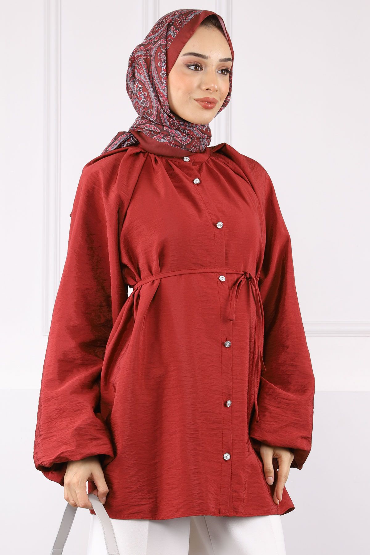 İmajButik Bordo Balon Kol Kuşaklı Gömlek