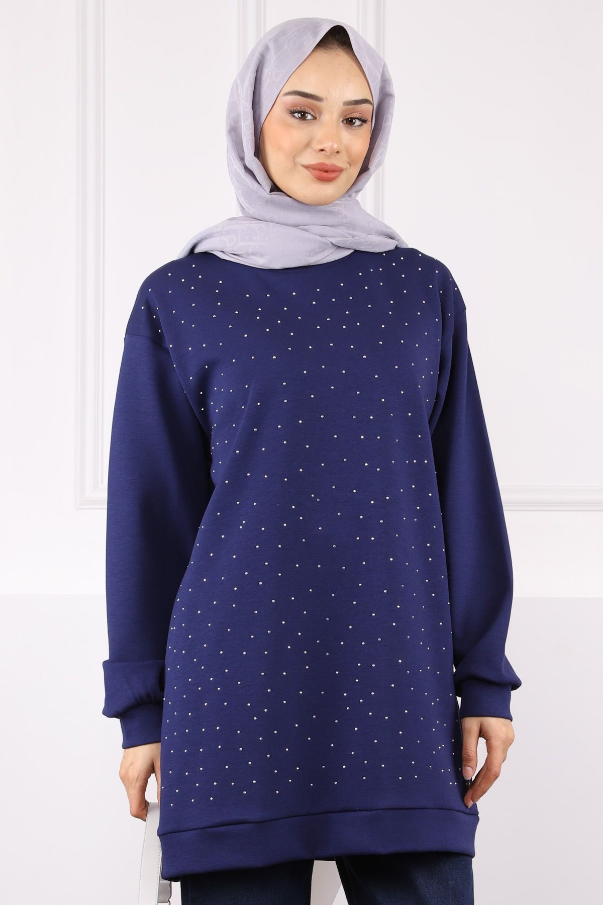 İmajButik Lacivert Bisiklet Yaka Taşlı Modal Tunik