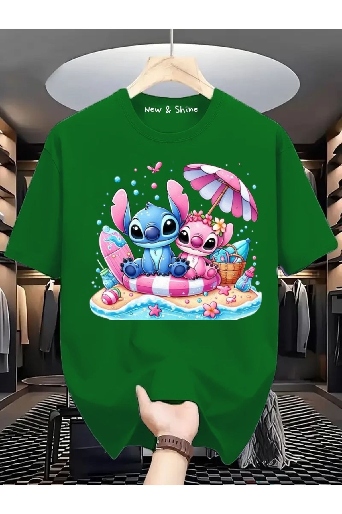New Shine Stitch ve Angel Baskılı Büyük Beden Oversize T-Shirt