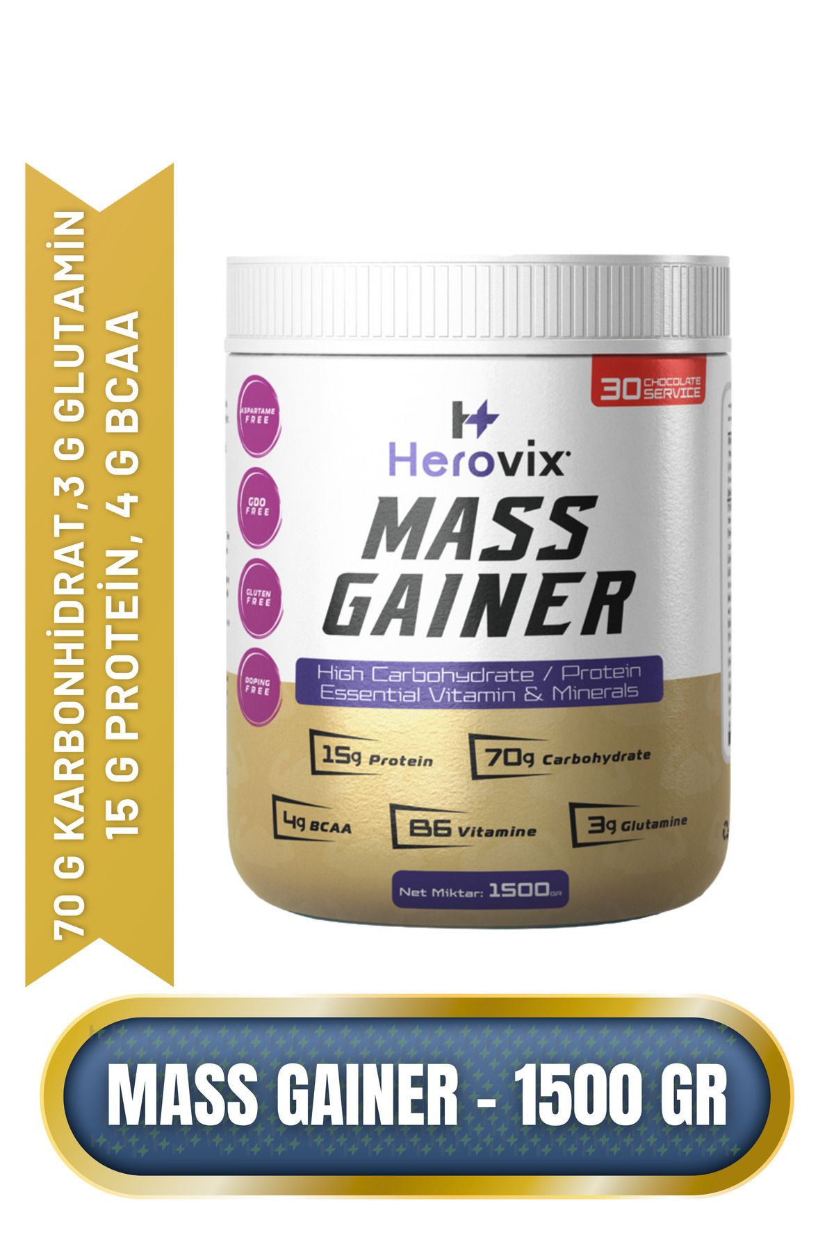 Herovix Mass Gainer 1500 gr Çikolata Aromalı – Yüksek Karbonhidrat & Protein – BCAA ve B6 Vitaminli