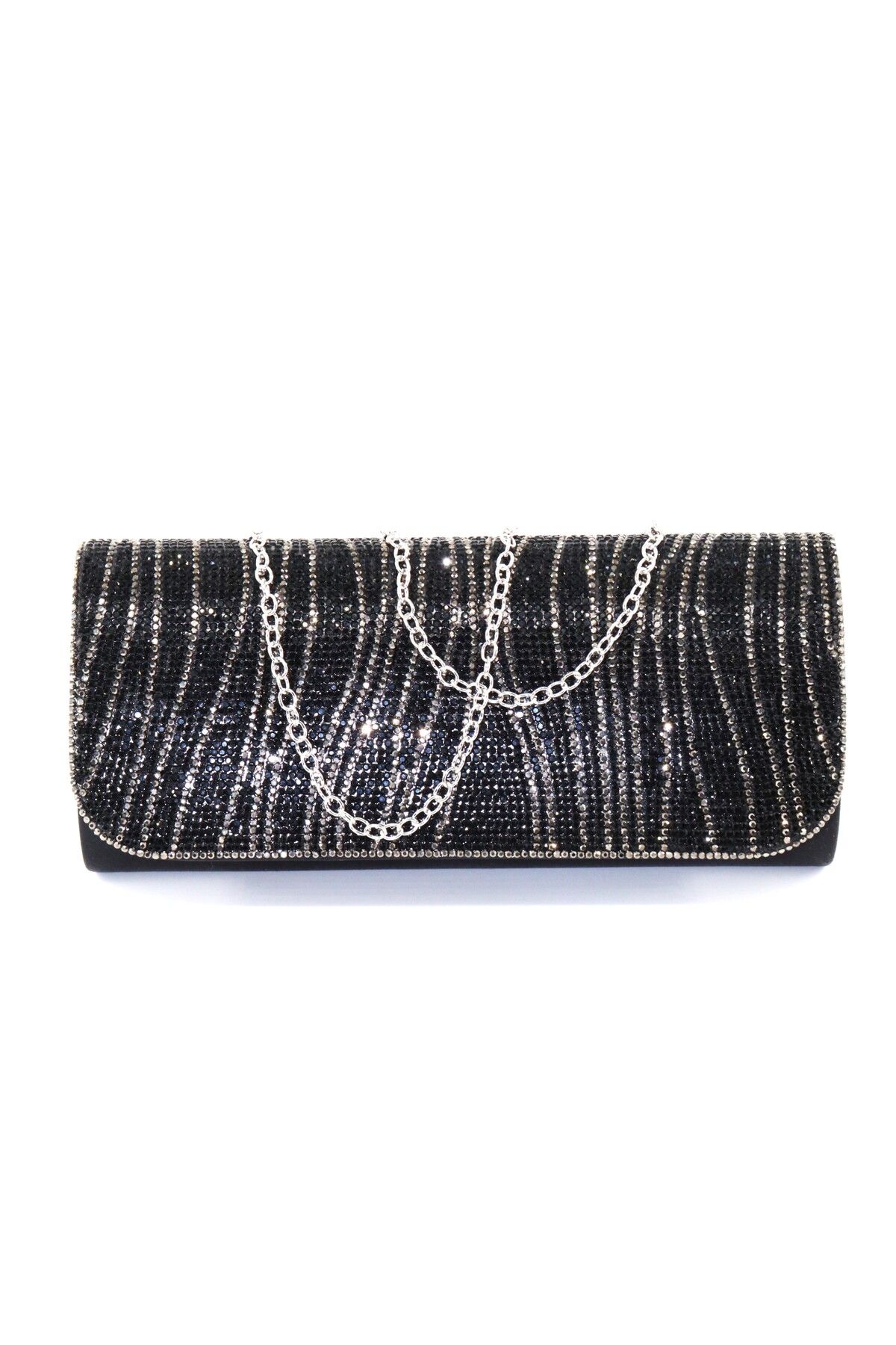 KEEBA Suyolu taşlı siyah abiye çanta. Abiye portföy clutch davet çantası. Kadın siyah abiye taşlı çanta.