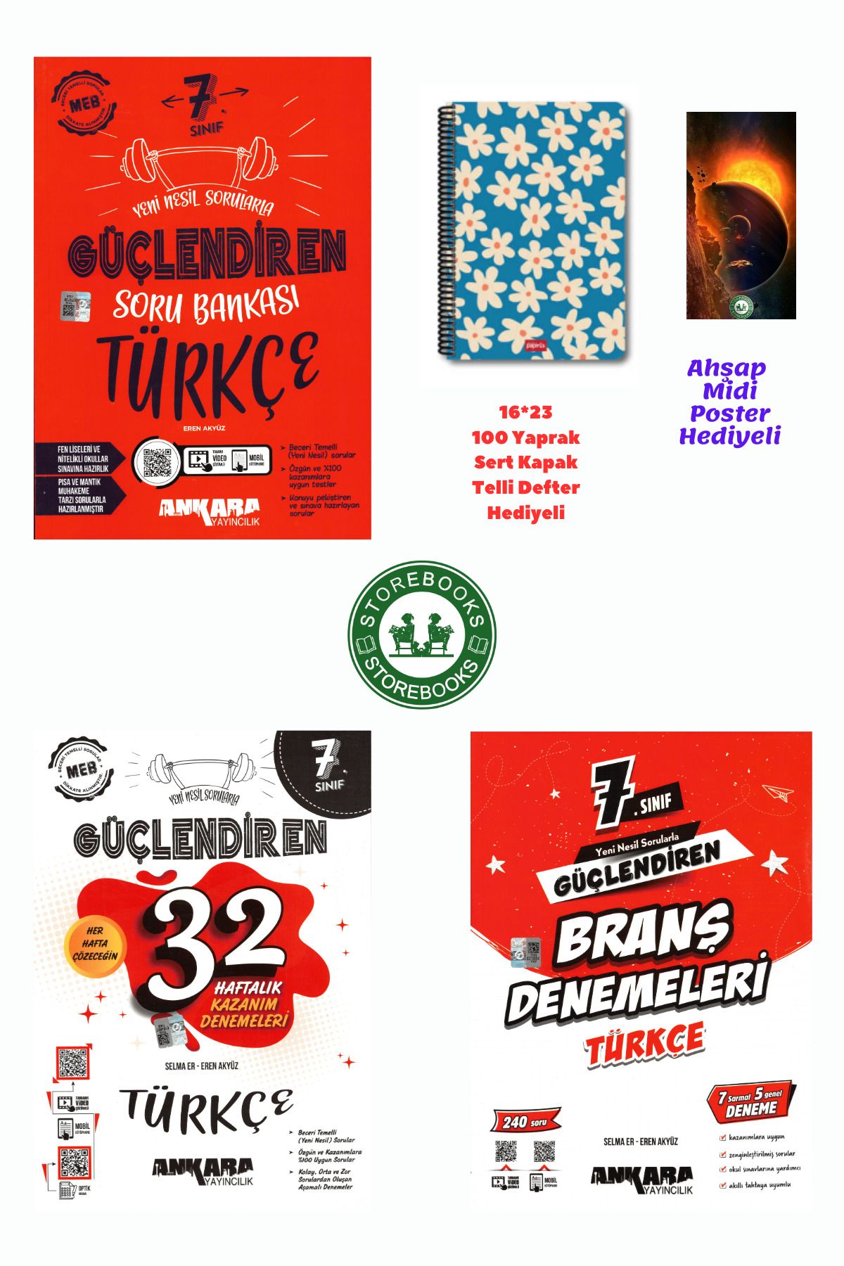 Ankara Yayıncılık 7. Sınıf Güçlendiren Türkçe Soru + Branş ve Haftalık Deneme Seti+Defter ve Ahşap Poster Hediye