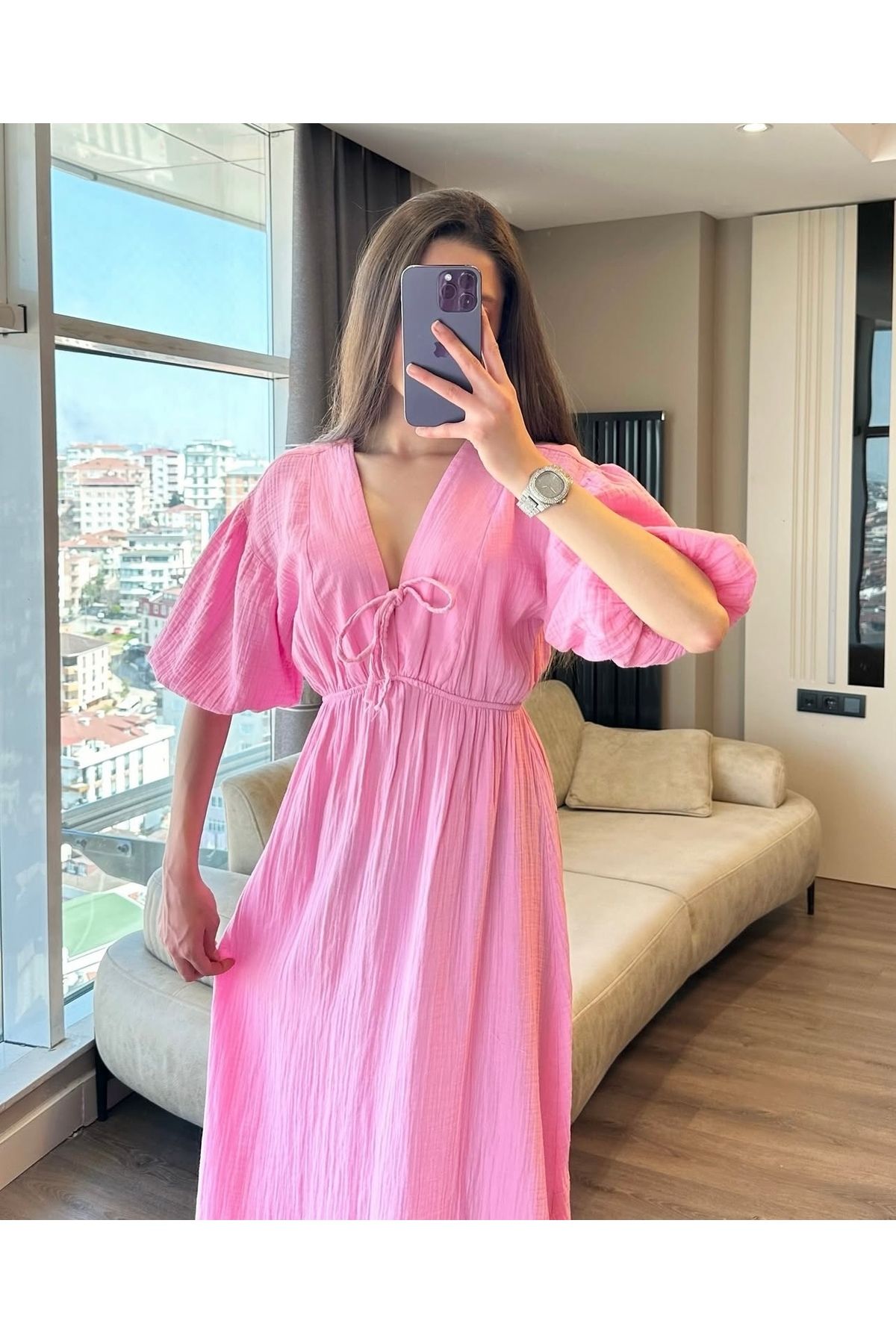 disponible Kadın V Yaka Pembe Müslin Kumaş Kısa Kol Elbise