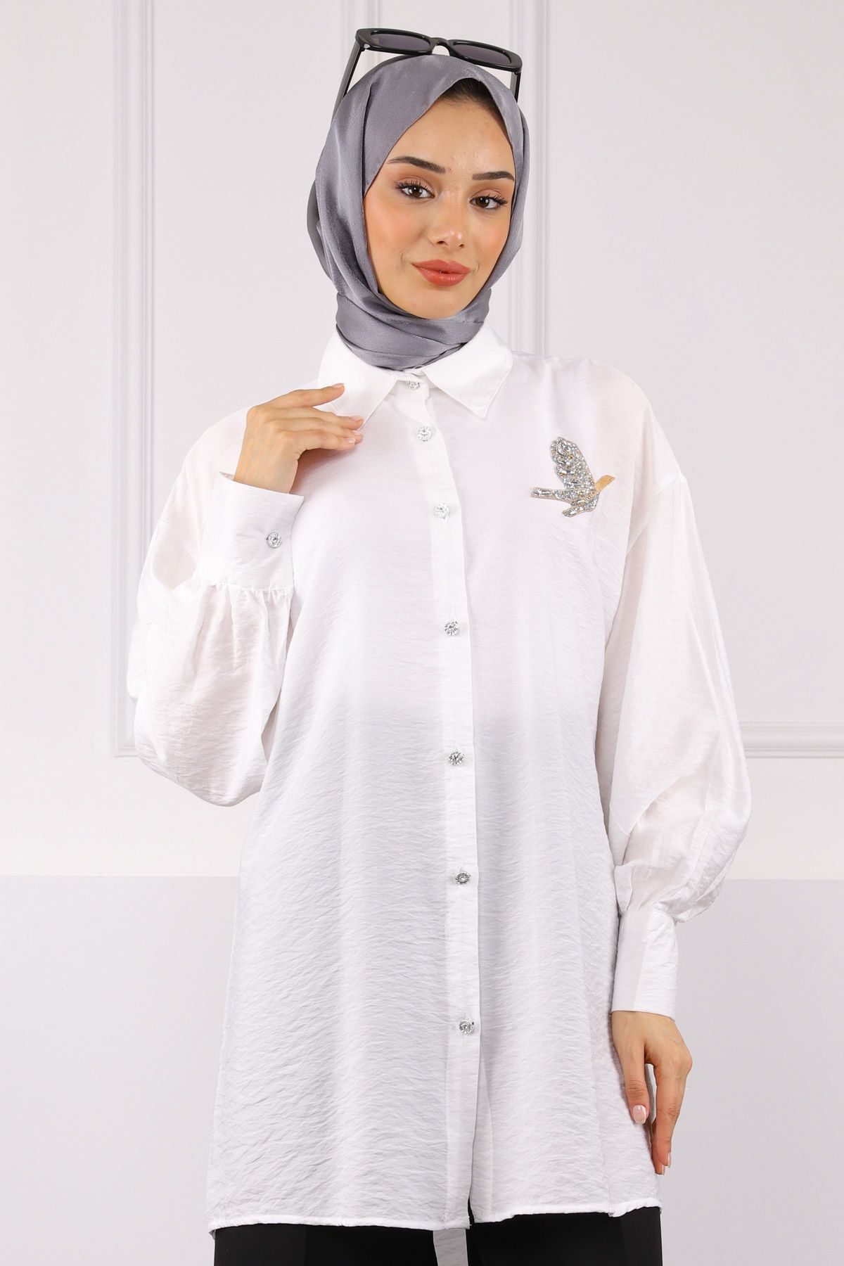 İmajButik Ekru Ön Taş Detaylı Gömlek