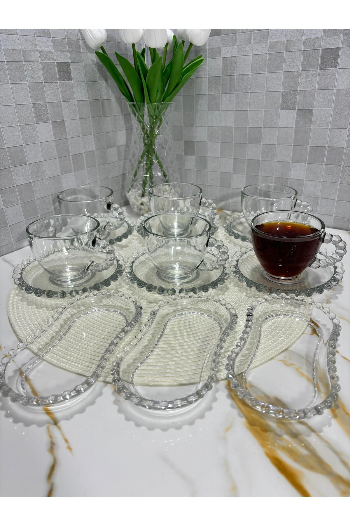 KRD Home 15 Parça Girona 6'lı Boncuklu Çay ve Kahve Fincan seti 3'lü Çerezlik Hediyeli