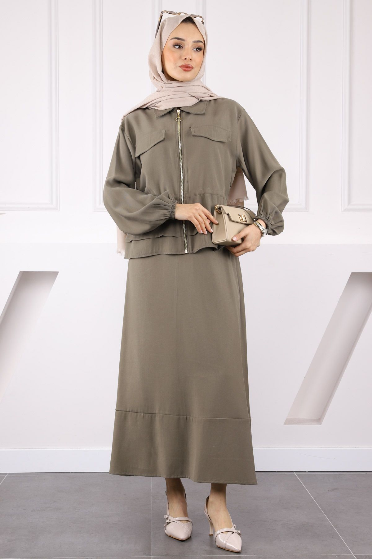 İmajButik Haki Ceket Etekli Takım