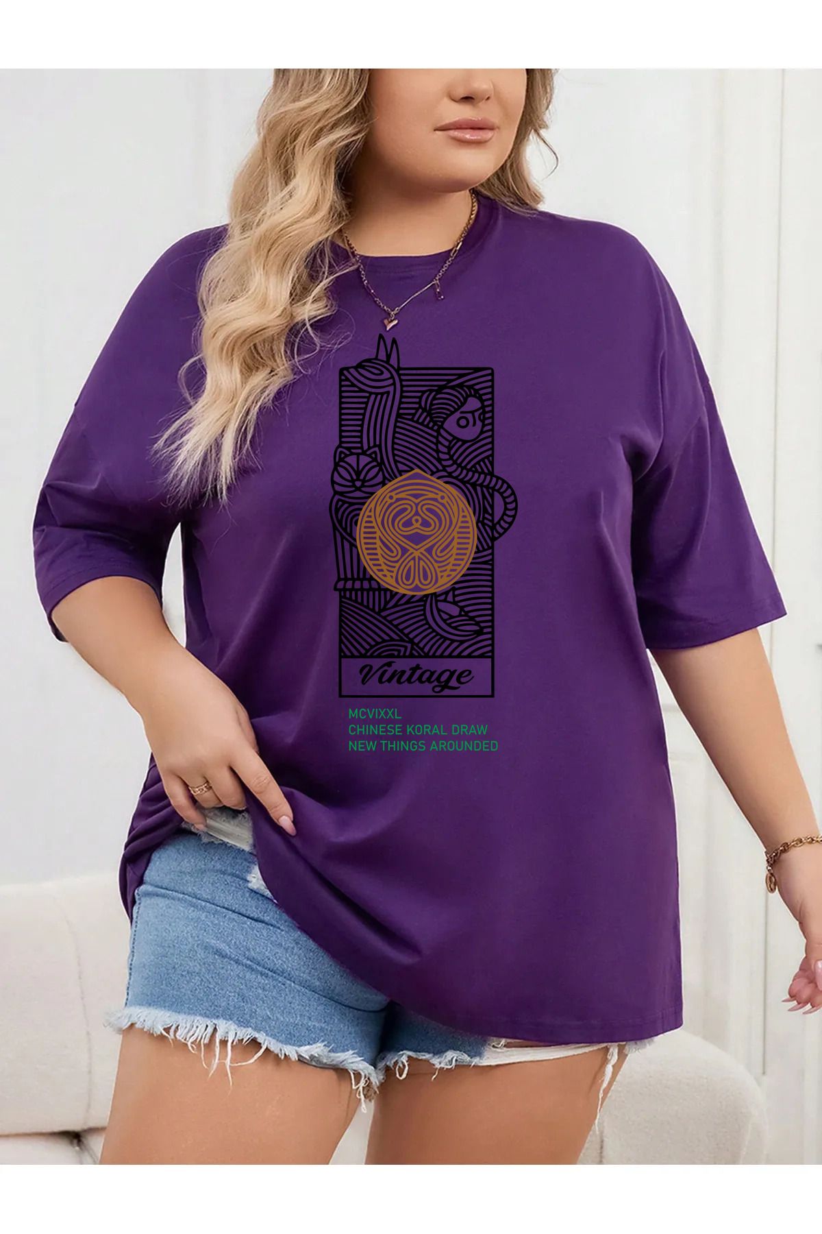 qavnas Unisex Vintage Baskılı Rahat Kesim Mor T-Shirt