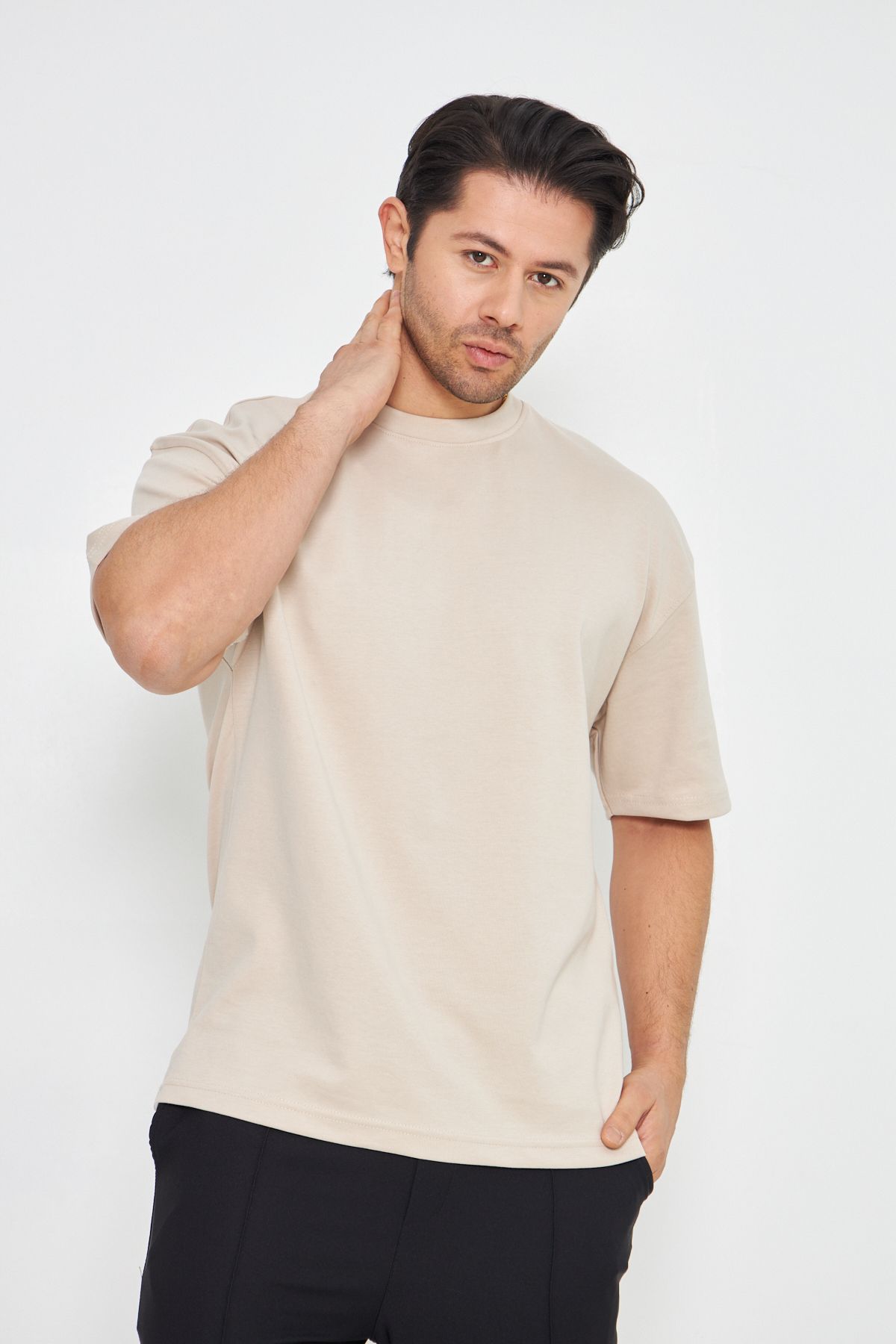 ZİNOX Erkek Bisiklet Yakka Oversize 2 İp Düz Basic T-shirt