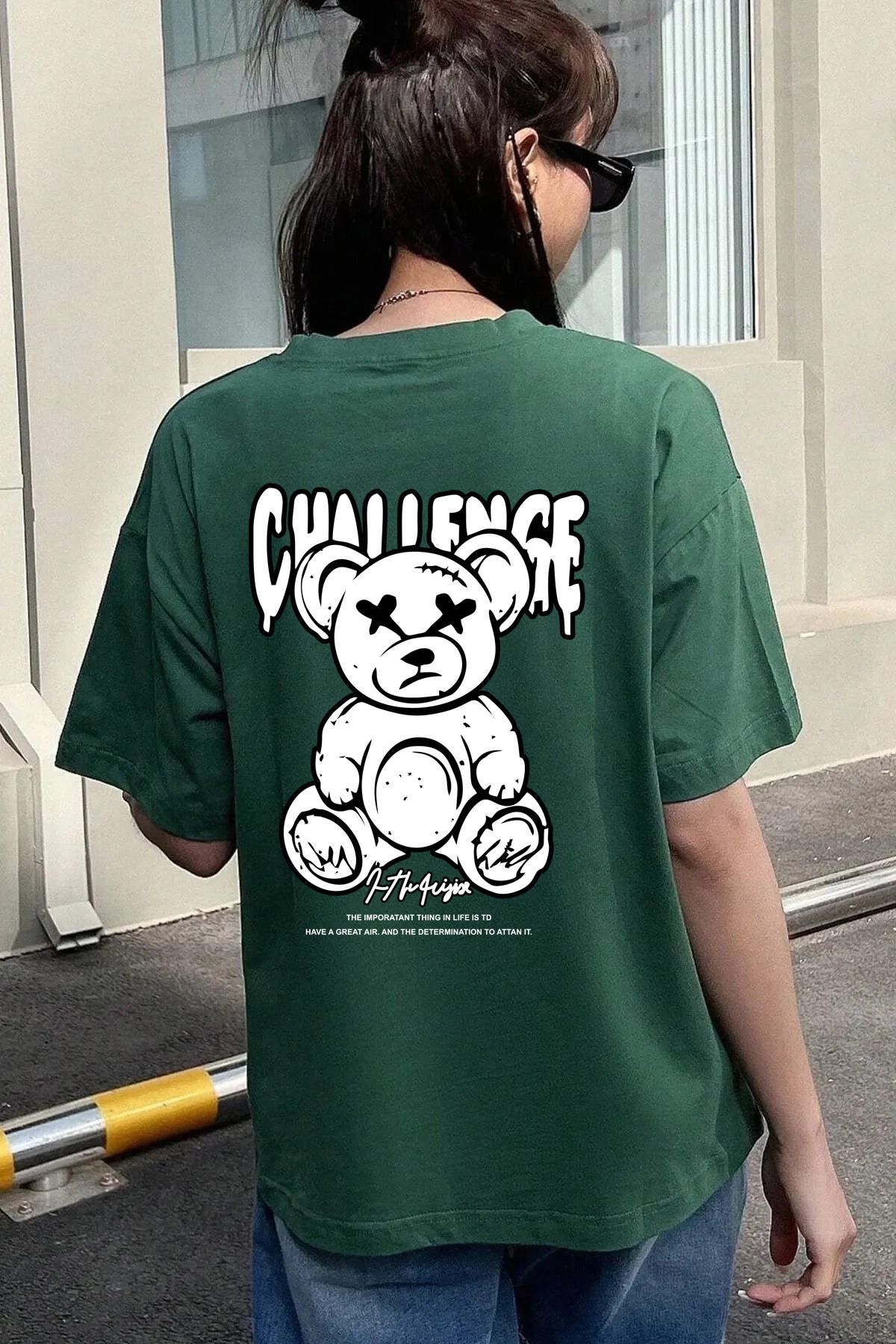 memowear Unisex Challenge Bear Baskılı Rahat Kesim Yeşil T-Shirt