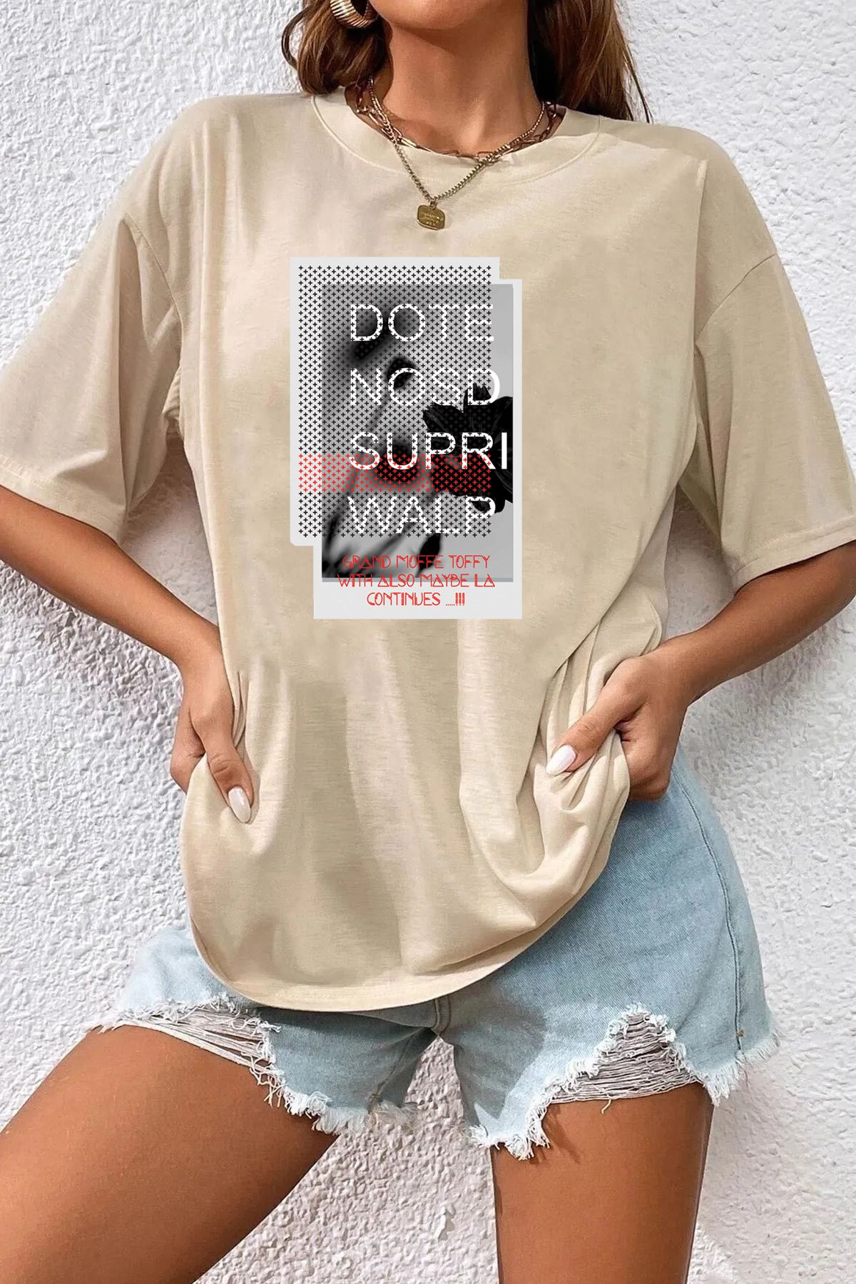 qavnas Unisex Dote Nosd Supri Walp Baskılı Rahat Kesim Bej T-Shirt