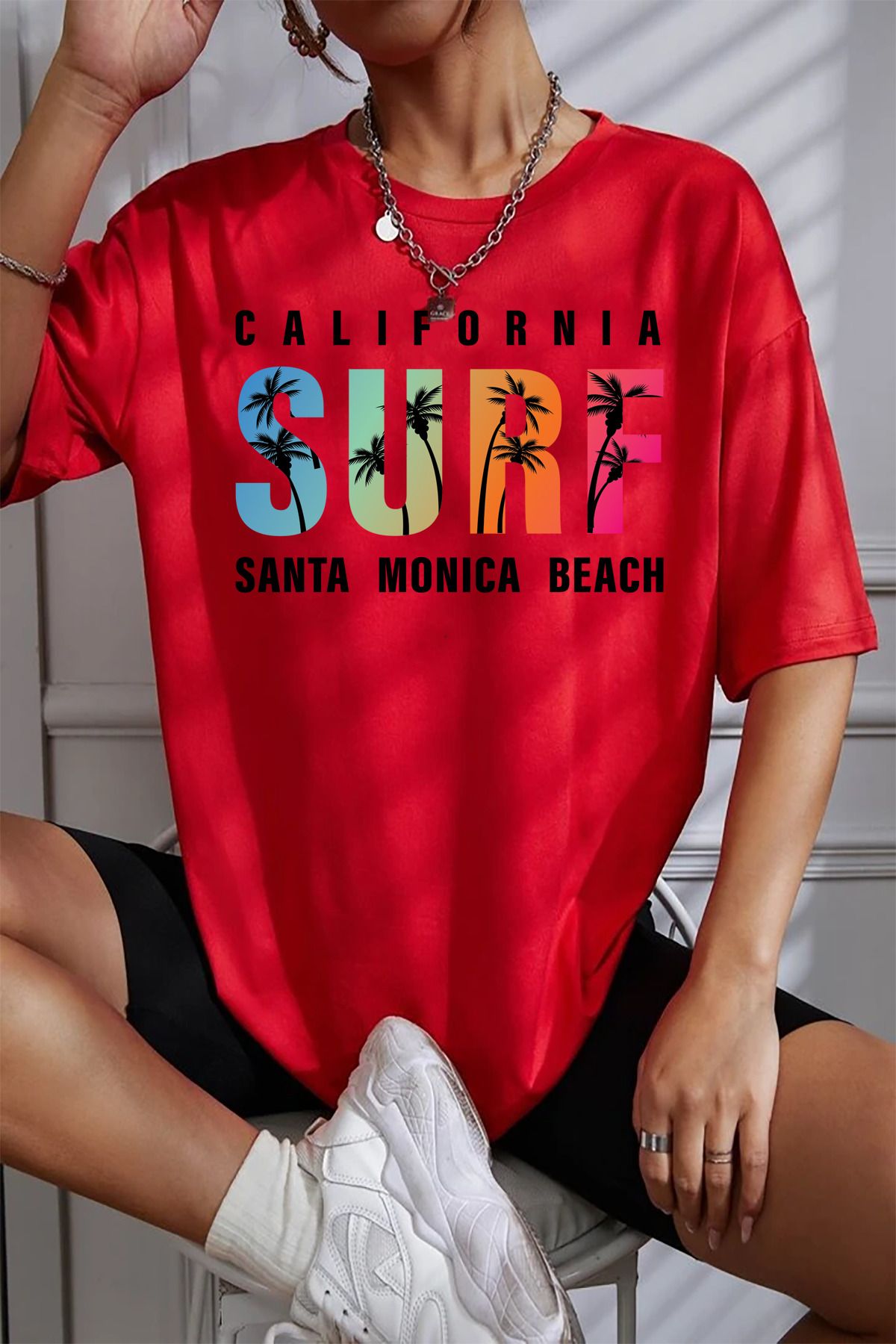 qavnas Unisex SURF Baskılı Rahat Kesim Kırmızı T-Shirt