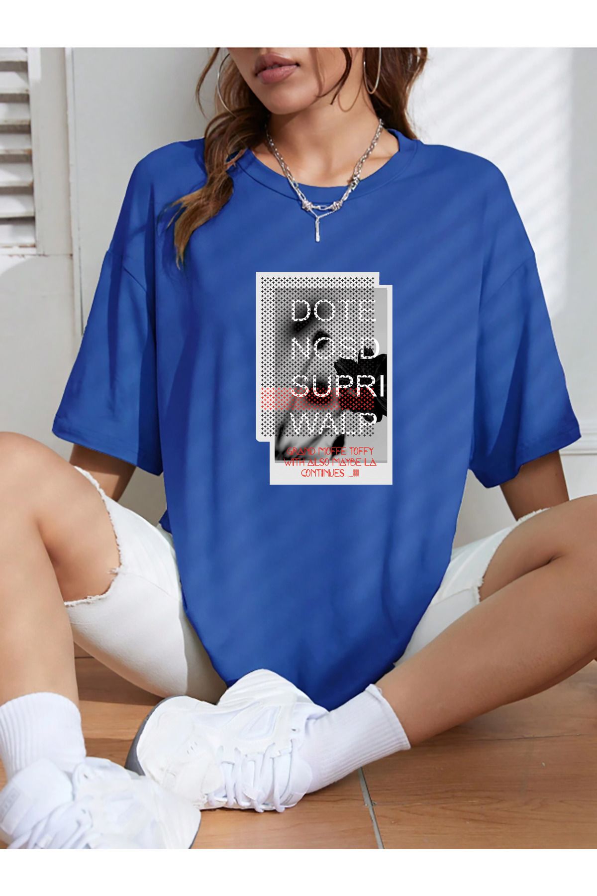 qavnas Unisex Dote Nosd Supri Walp Baskılı Rahat Kesim Sax-Mavi T-Shirt