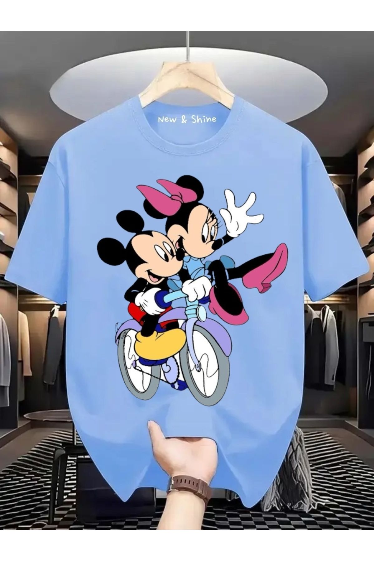 New Shine Mickey Minie Bisiklette Baskılı Büyük Beden Oversize T-Shirt