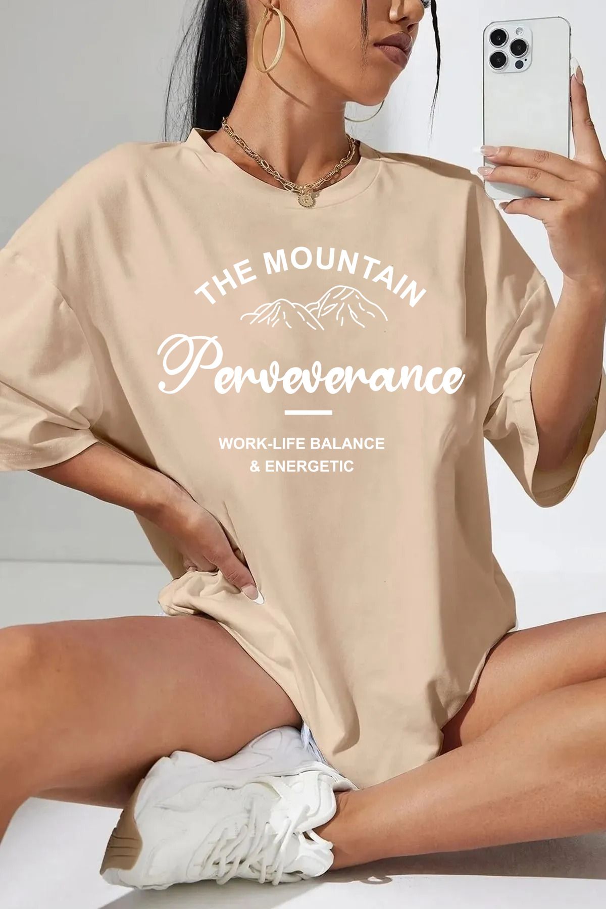 halowear Unisex The Mountain Baskılı Rahat Kesim Bej T-Shirt