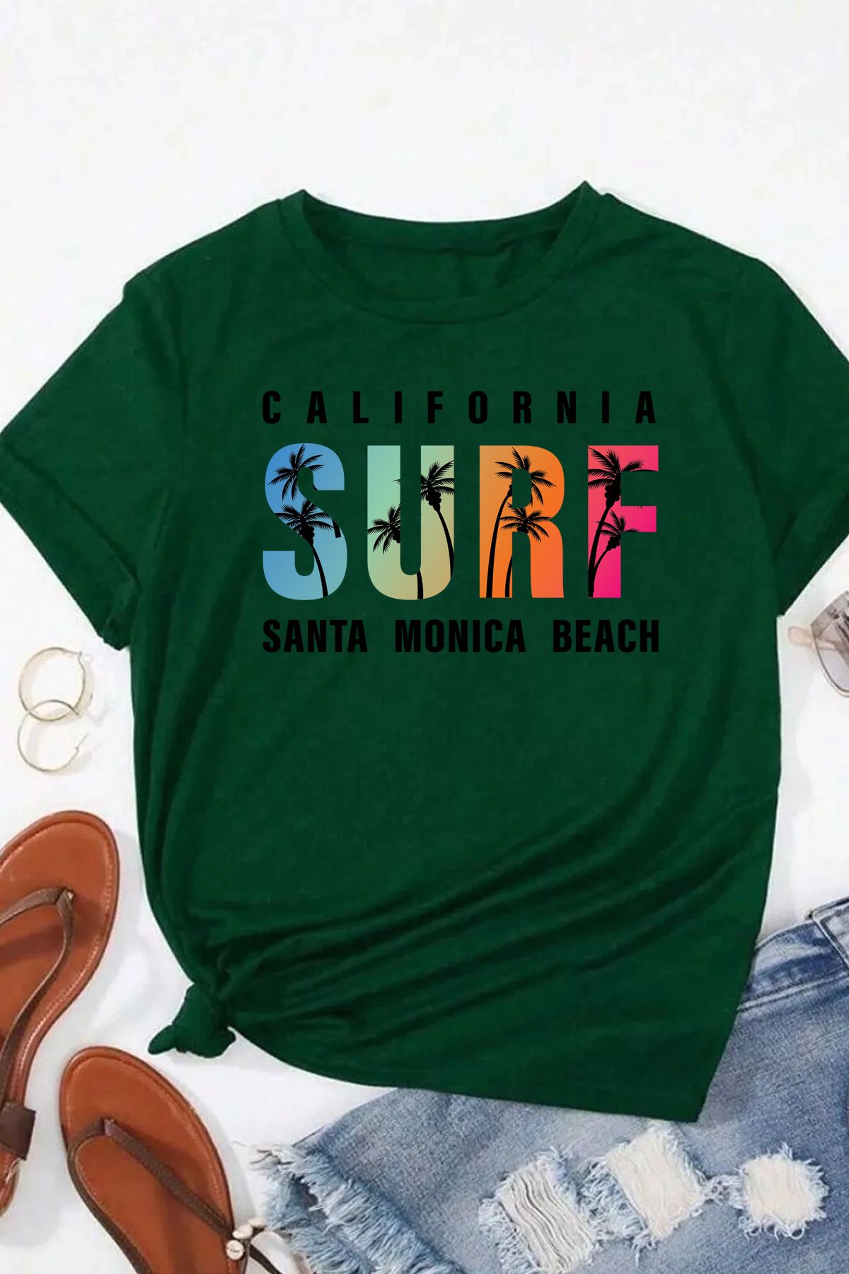 memowear Unisex SURF Baskılı Rahat Kesim Yeşil T-Shirt
