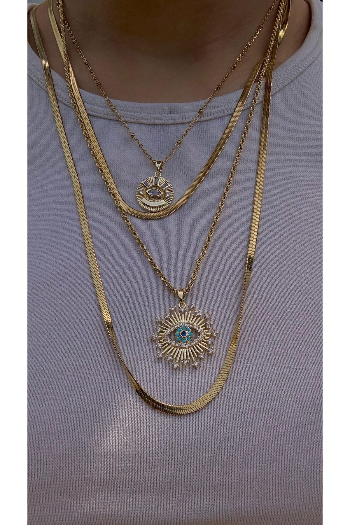 Glitterring KADIN GOLD RENK 2 Lİ NAZAR BONCUKLU AURA ÇELİK KOLYE SETİ