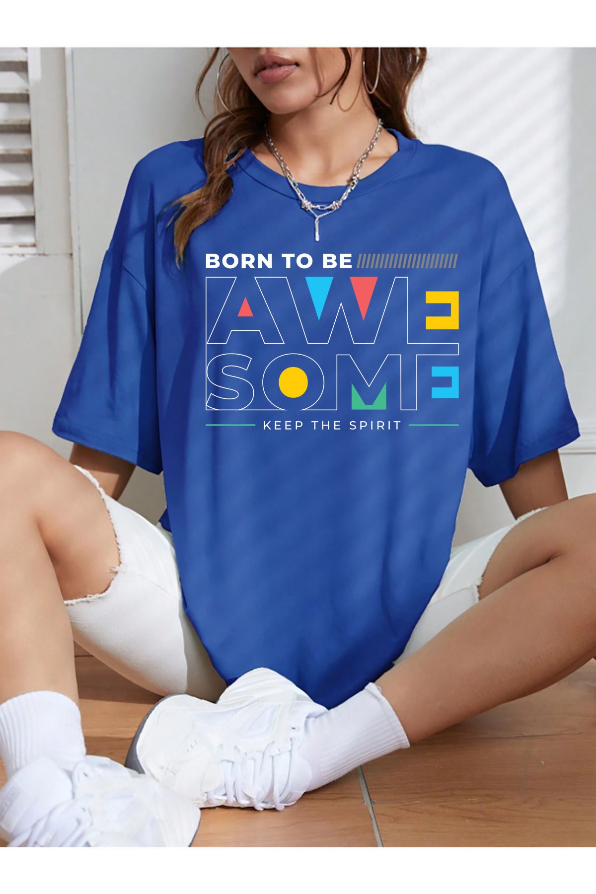 memowear Unisex Awe Some Baskılı Rahat Kesim Sax-Mavi T-Shirt