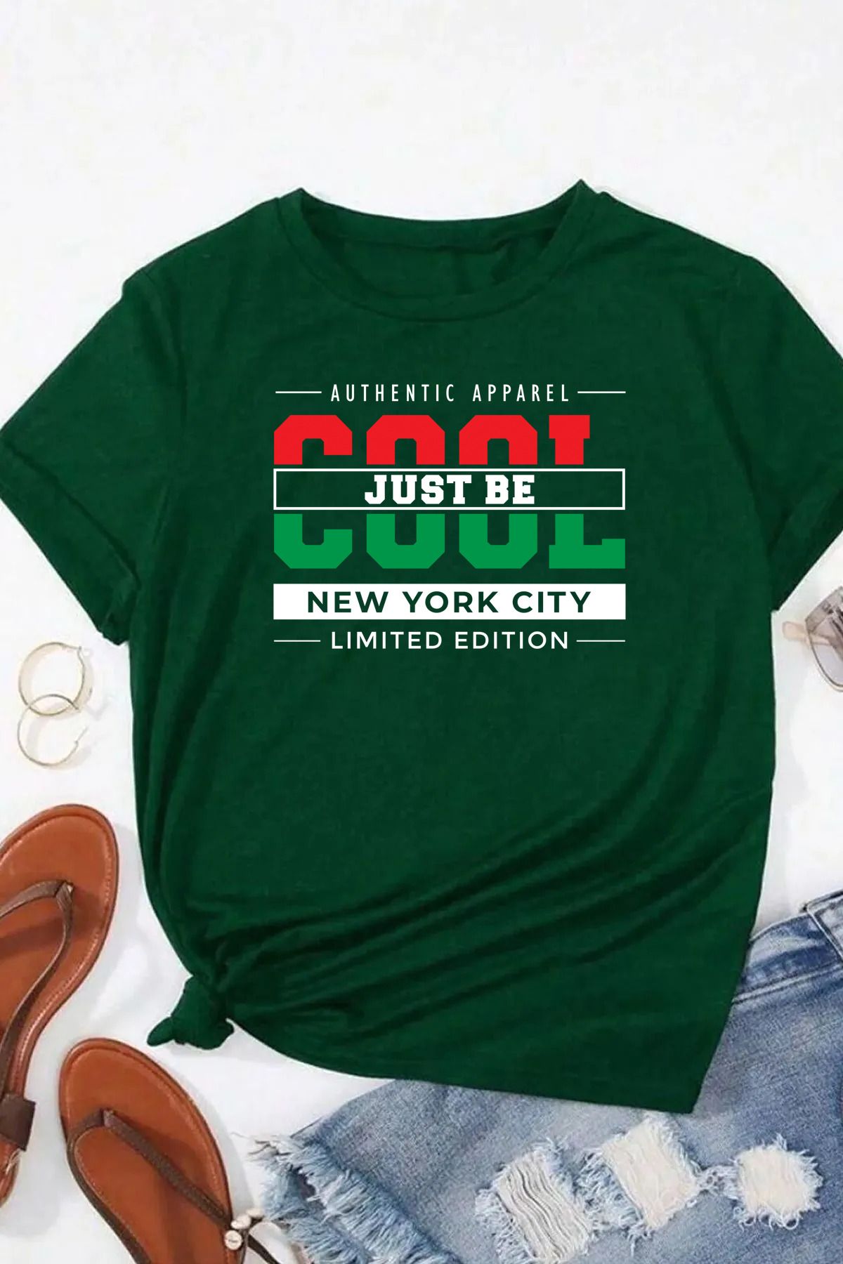memowear Unisex Cool Just Be Baskılı Rahat Kesim Yeşil T-Shirt