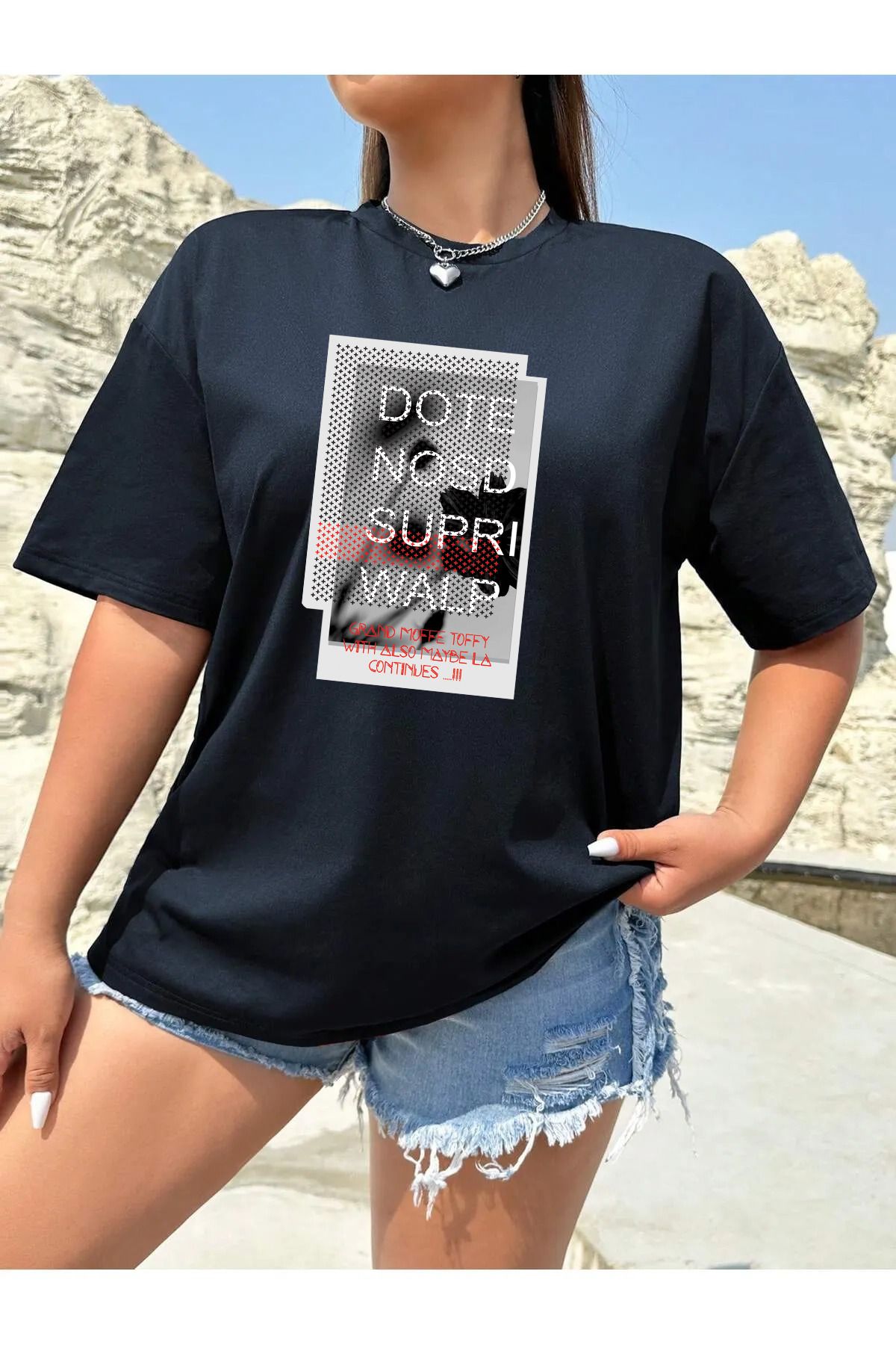 qavnas Unisex Dote Nosd Supri Walp Baskılı Rahat Kesim Lacivert T-Shirt