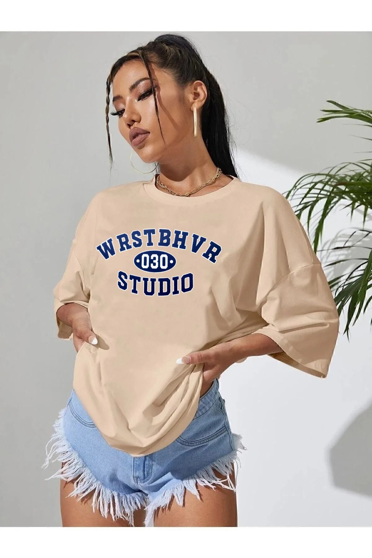qavnas Unisex WRST 030 Baskılı Rahat Kesim Bej T-Shirt