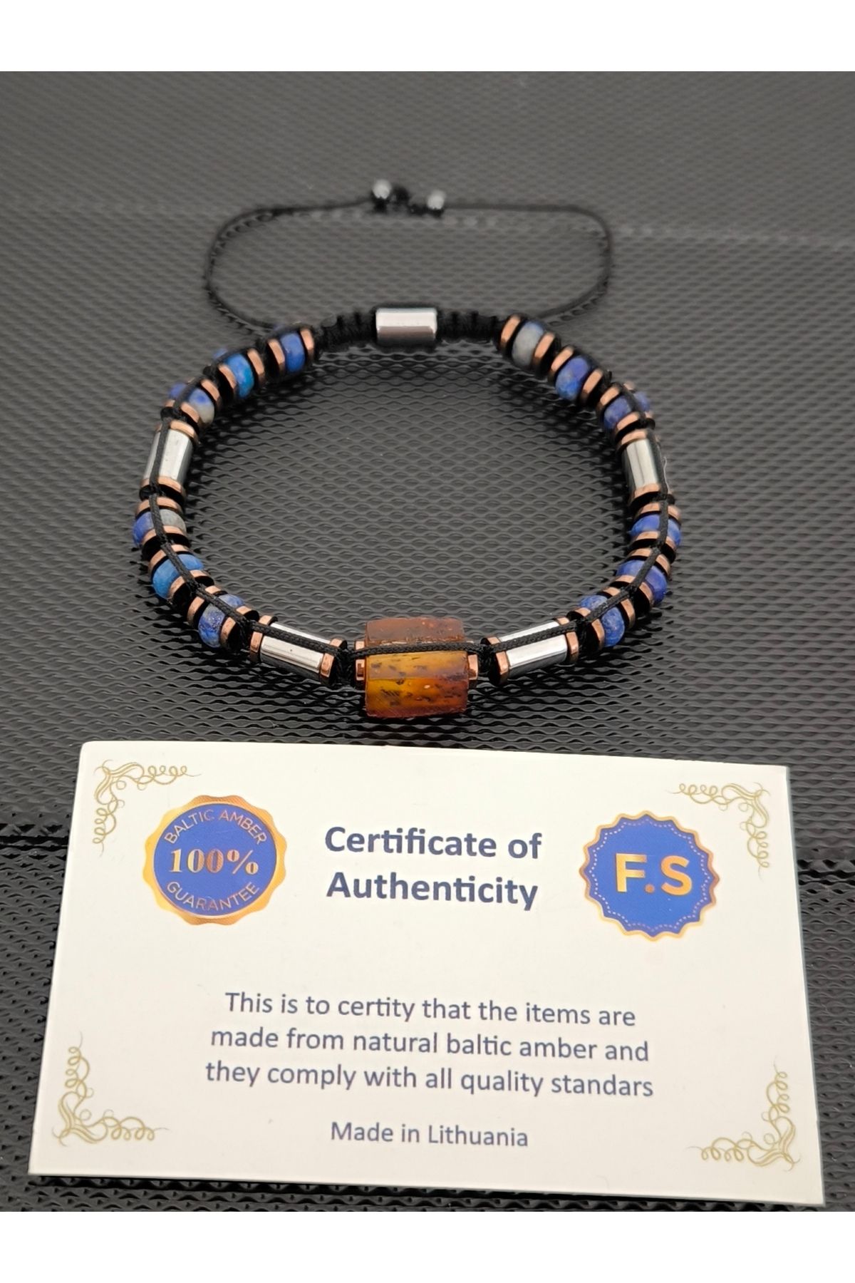 tahrastone Sertifikalı Fosilli Baltık Damla Kehribar-Lapis Lazuli-Hematit Doğaltaş Bileklik Takı Aksesuar