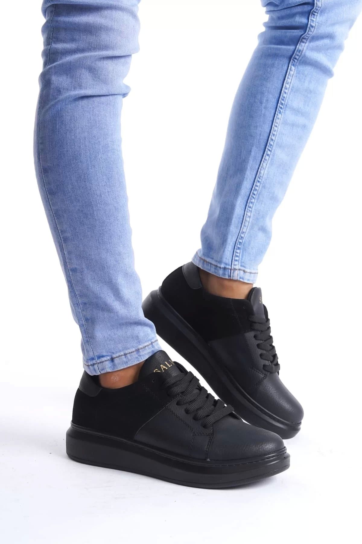 BİCANS SLW151 Boost Bağcıklı Cilt Süet Erkek Günlük Sneaker Ayakkabı CSST - Siyah