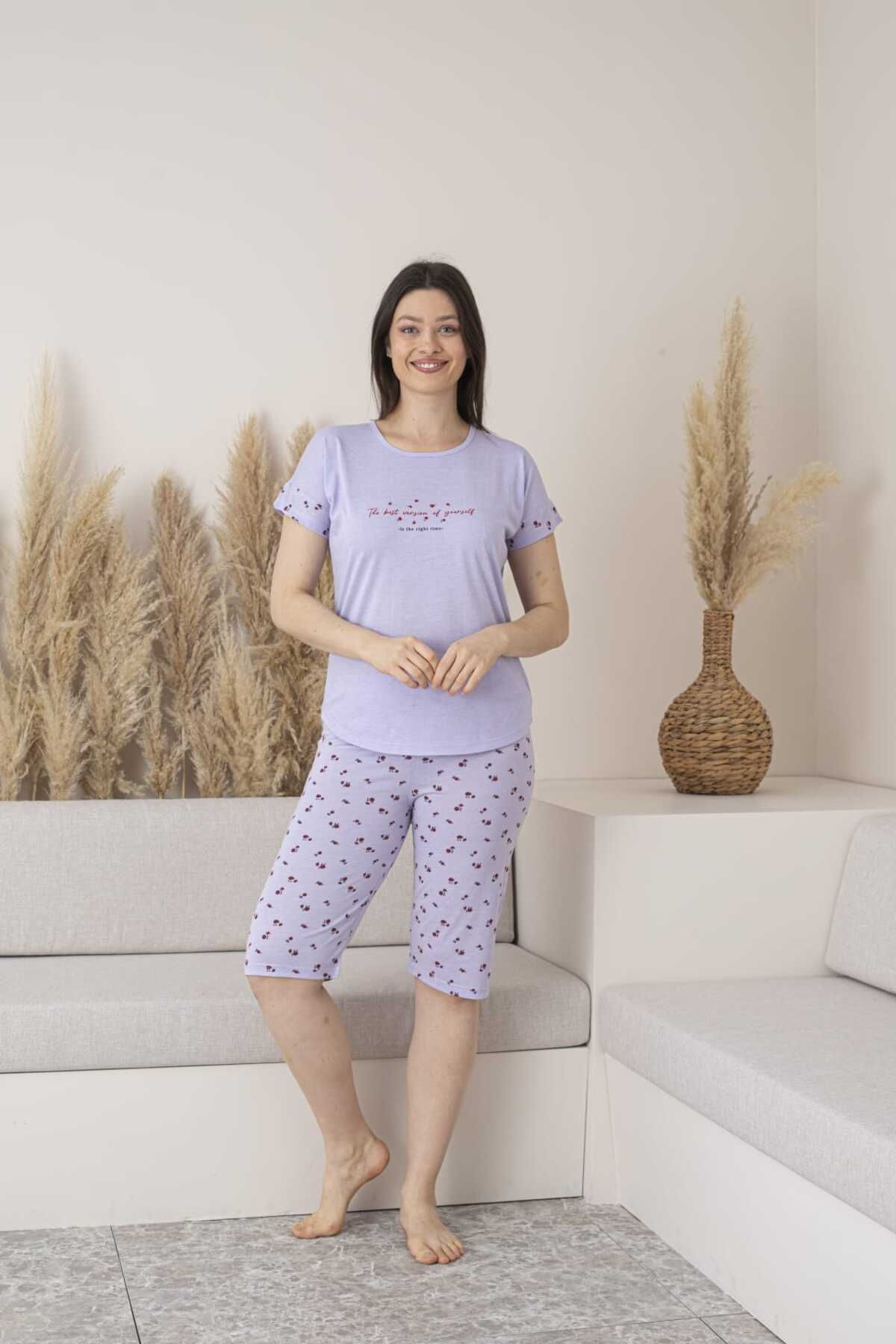 Lio20 Kadın Çiçek Desenli Viskon Kısa Kol Pijama Kapri Takımı-Lila