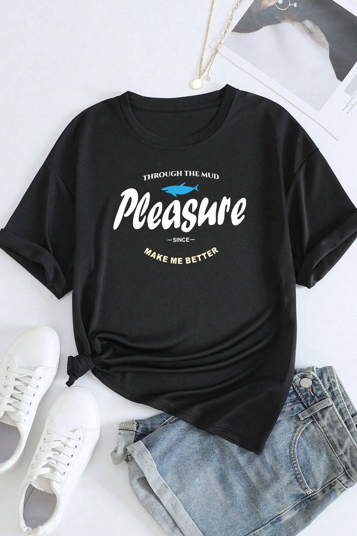 memowear Unisex Pleasure Baskılı Rahat Kesim Siyah T-Shirt