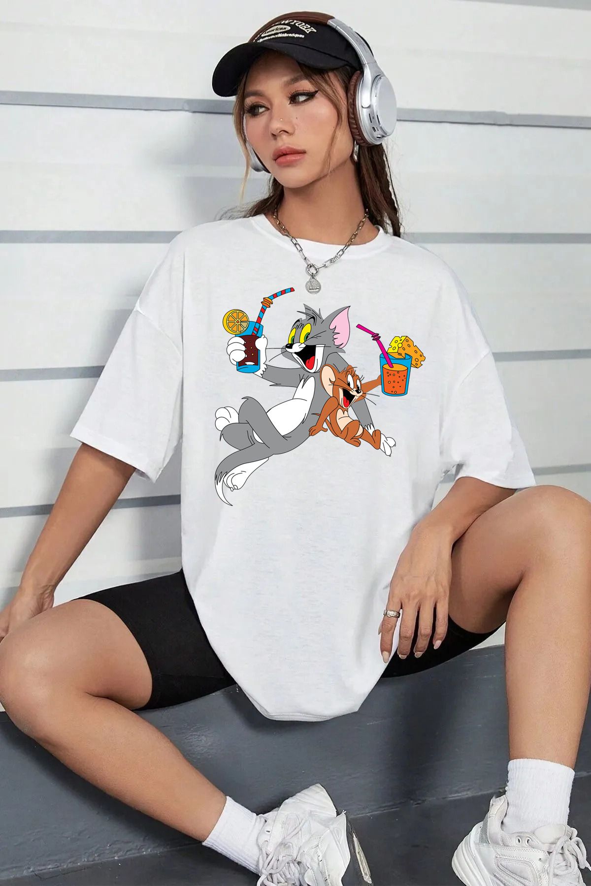 ciwi&life Unisex Tom and Mickey Baskılı Rahat Kesim Beyaz T-Shirt