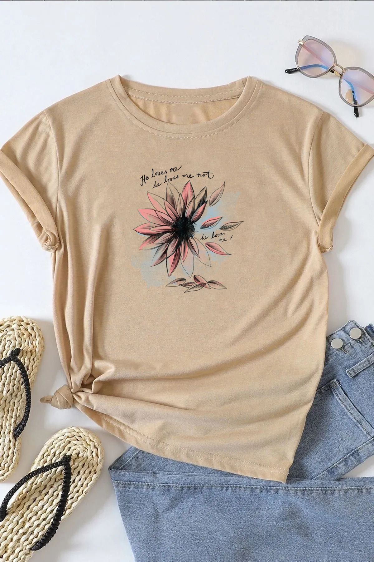 qavnas Unisex He Love Baskılı Rahat Kesim Bej T-Shirt