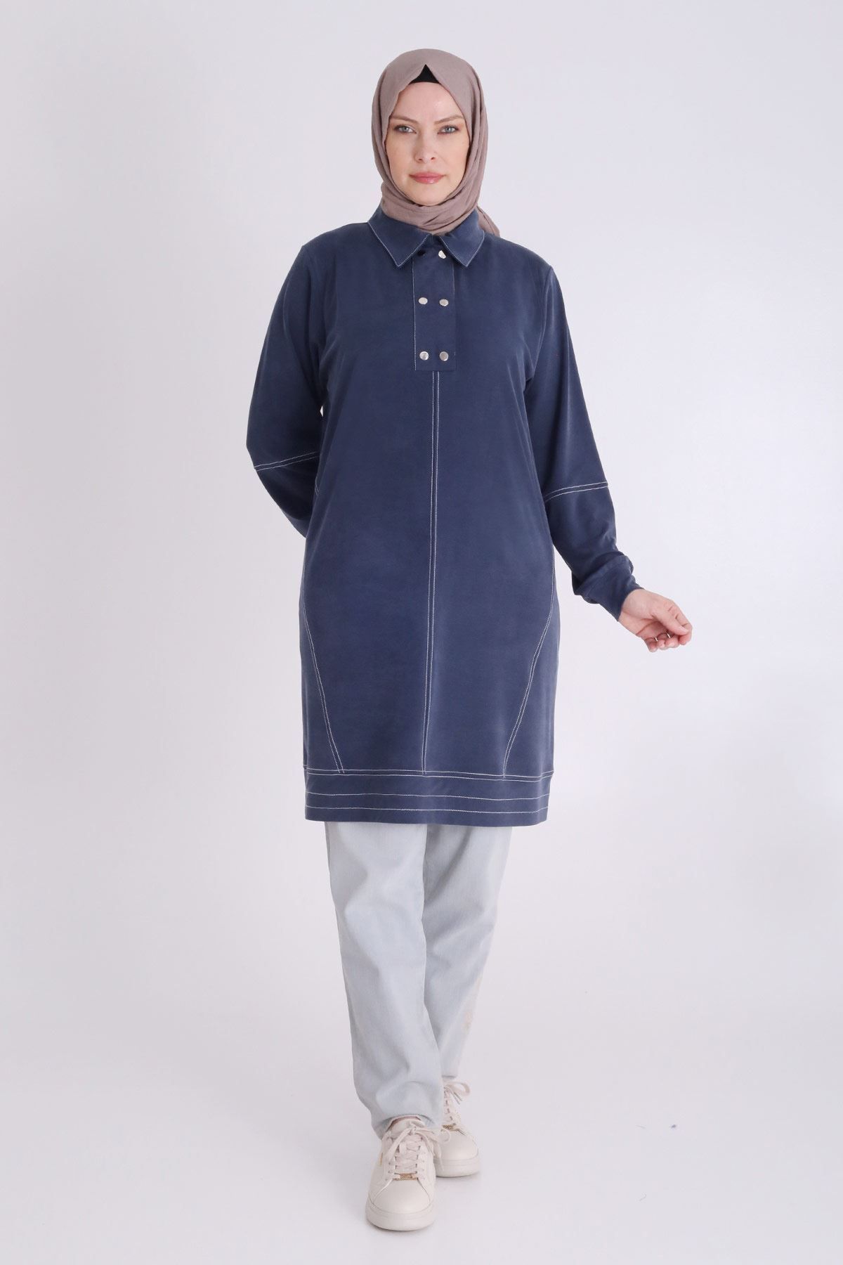 behrem Büyük Beden Tesettür Örme Lyocell Spor Tunik 20119 Lacivert