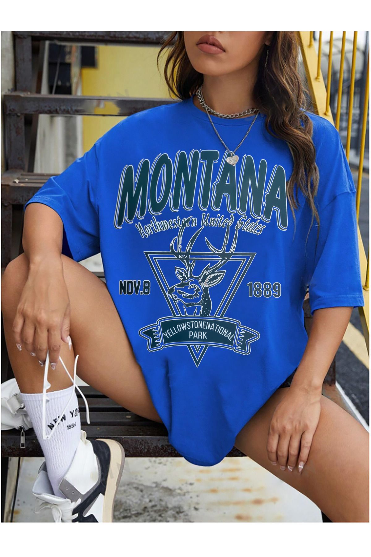 halowear Unisex Montana Baskılı Rahat Kesim Sax-Mavi T-Shirt