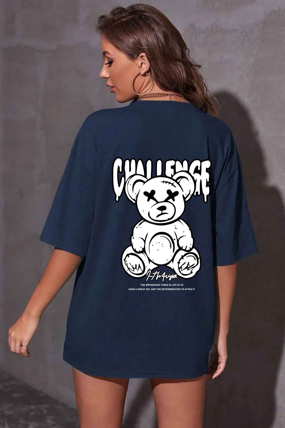 qavnas Unisex Challenge Bear Baskılı Rahat Kesim Lacivert T-Shirt