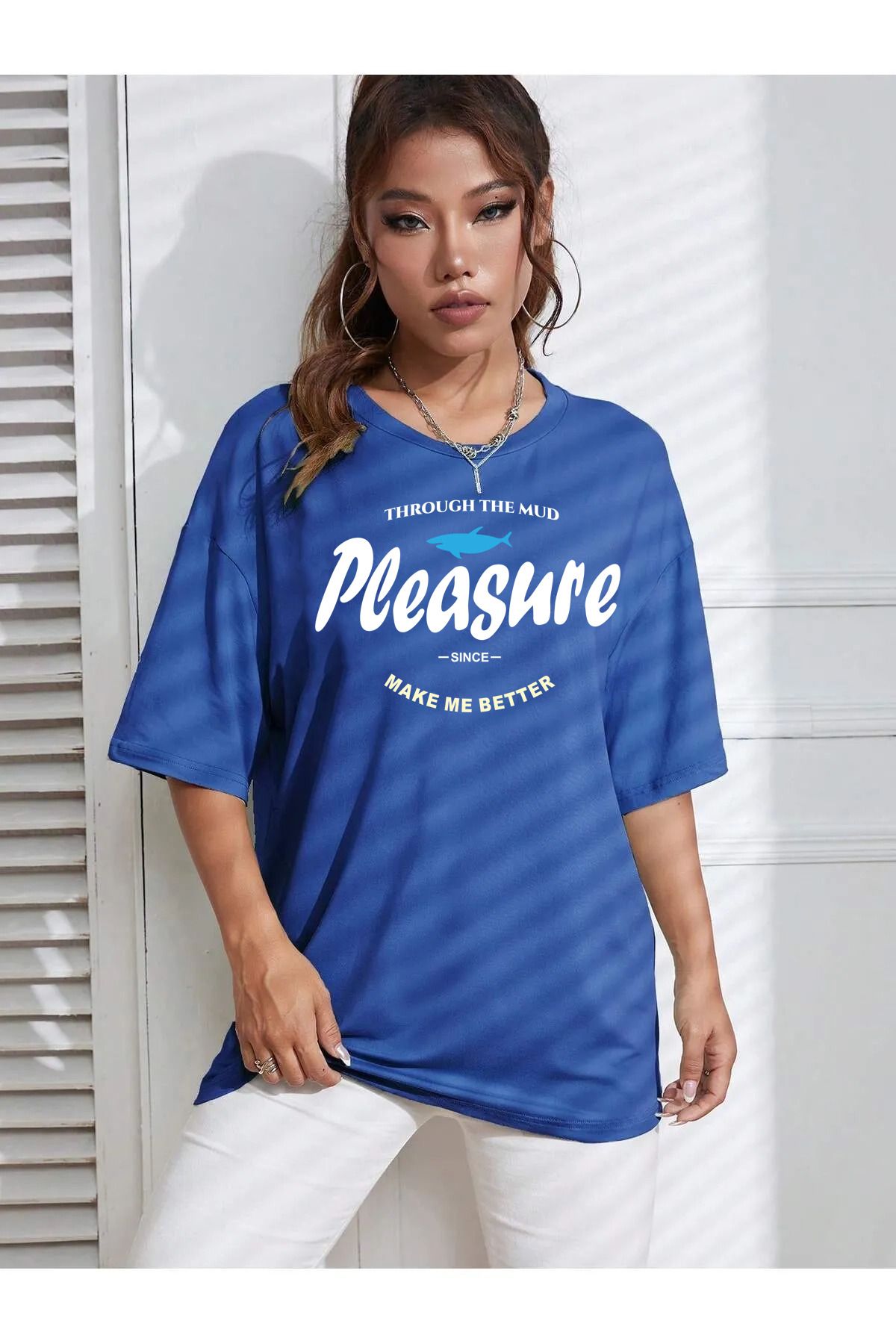 memowear Unisex Pleasure Baskılı Rahat Kesim Sax-Mavi T-Shirt