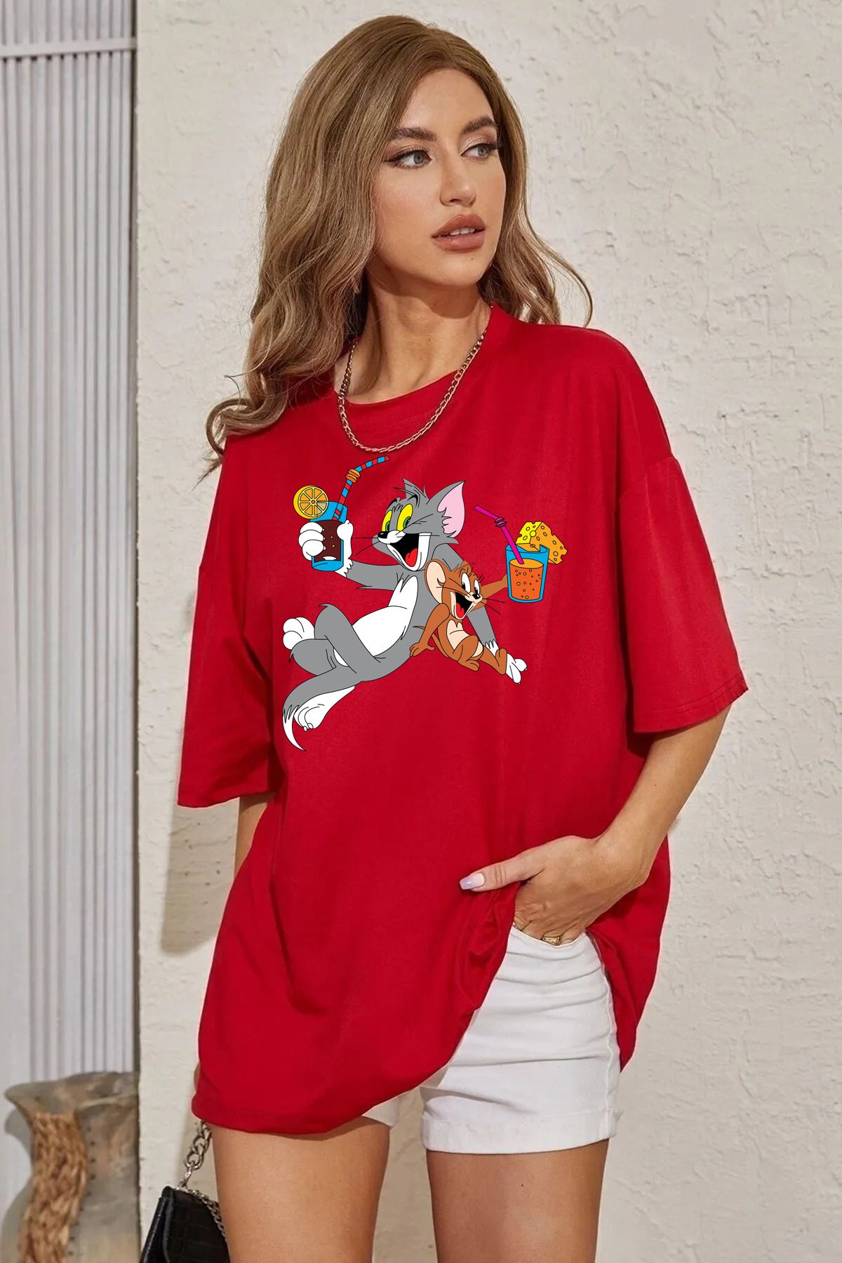 halowear Unisex Tom and Mickey Baskılı Rahat Kesim Kırmızı T-Shirt