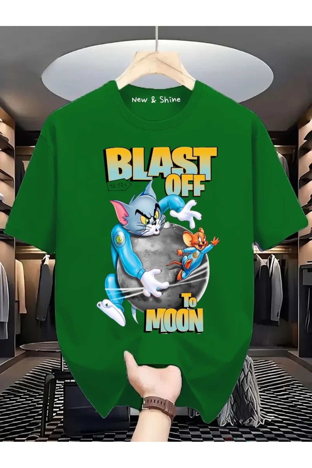 New Shine Blast Off To Moon Tom ve Jerry Baskılı Büyük Beden Oversize T-Shirt