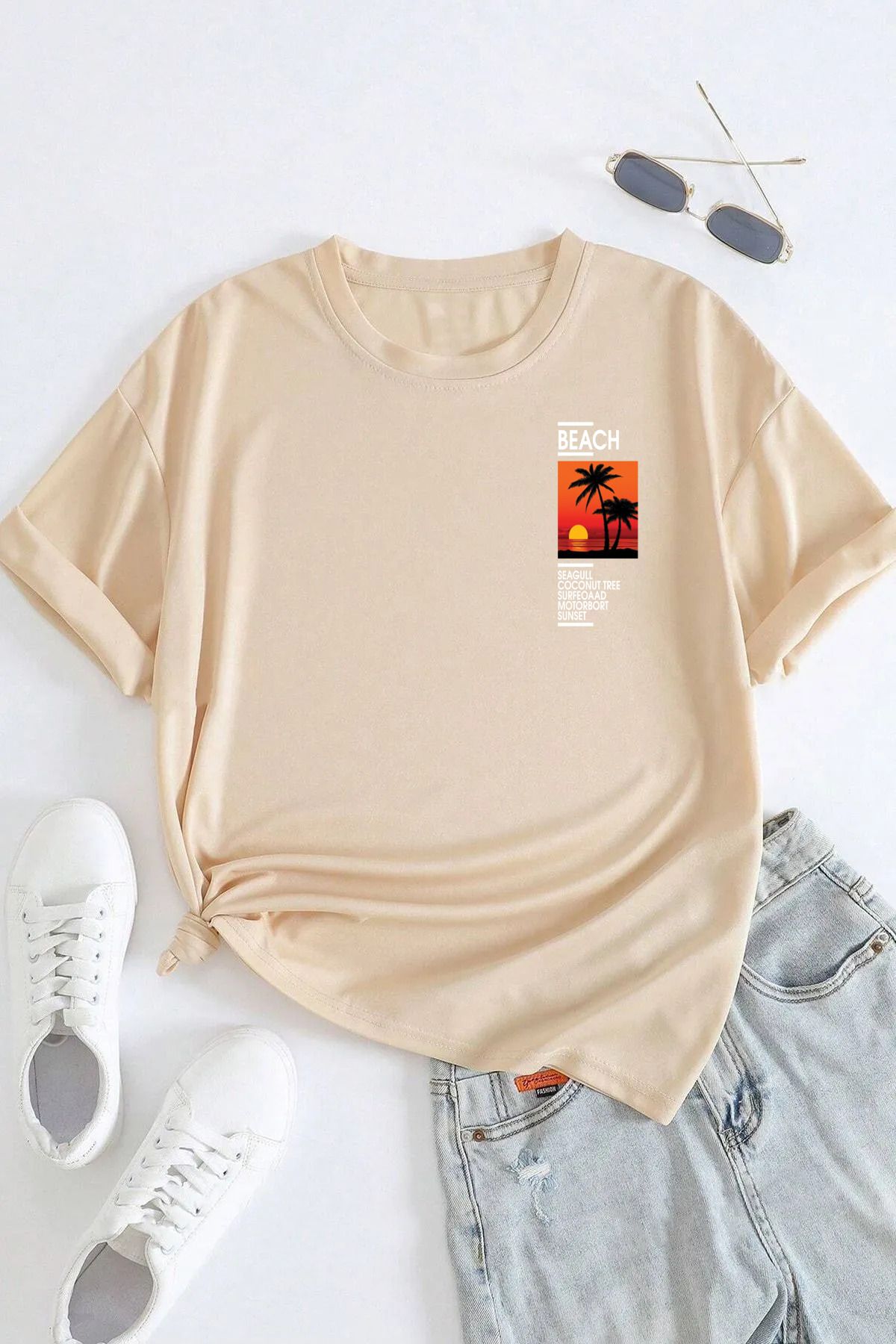 memowear Unisex Beach Gün Batımı Baskılı Rahat Kesim Bej T-Shirt