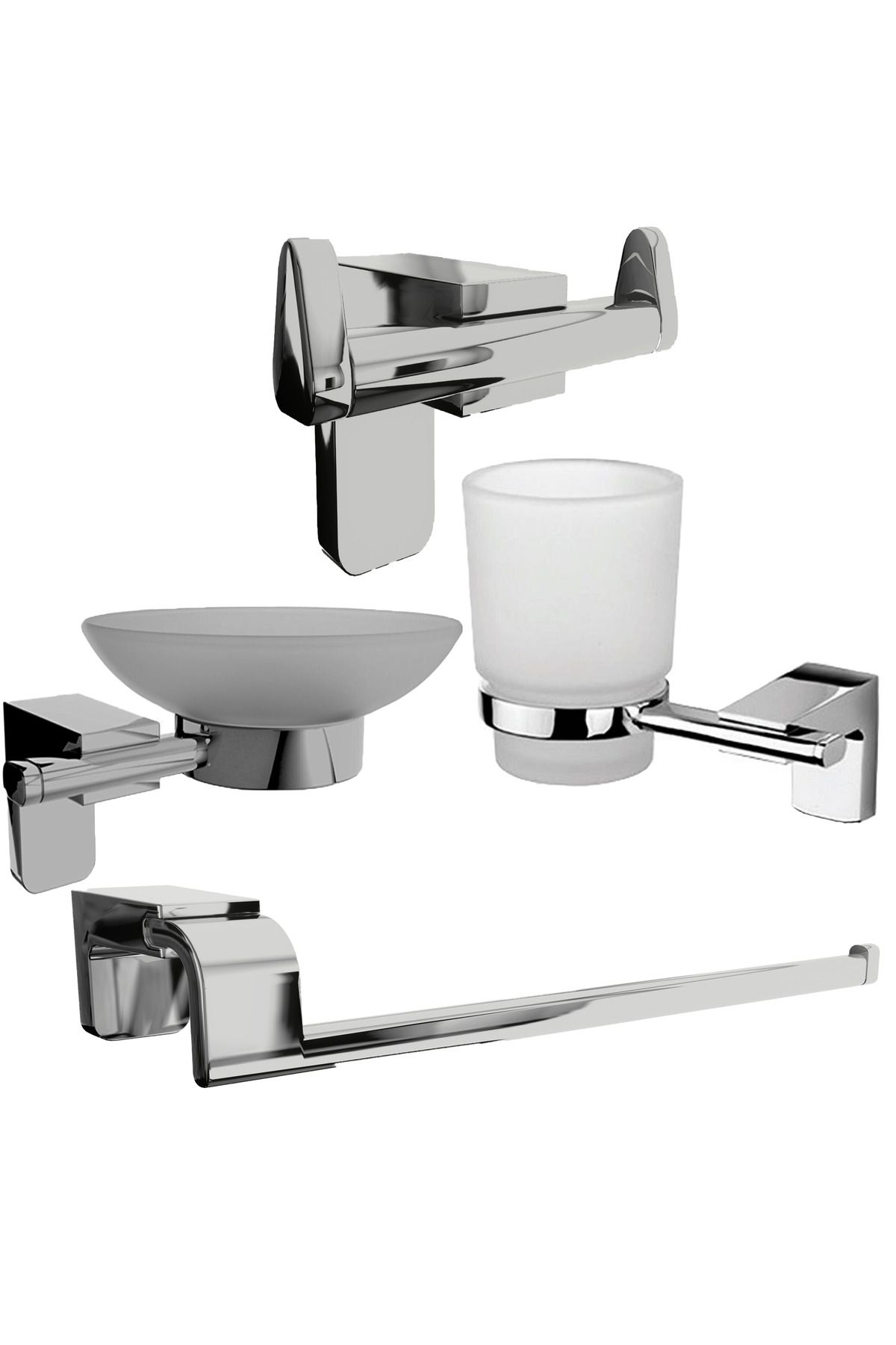 FNDHOME Krom Lux 4 Lü Banyo Seti Bornozluk, Diş Fırçalık, Sabunluk, Solo Kağıt Havluluk
