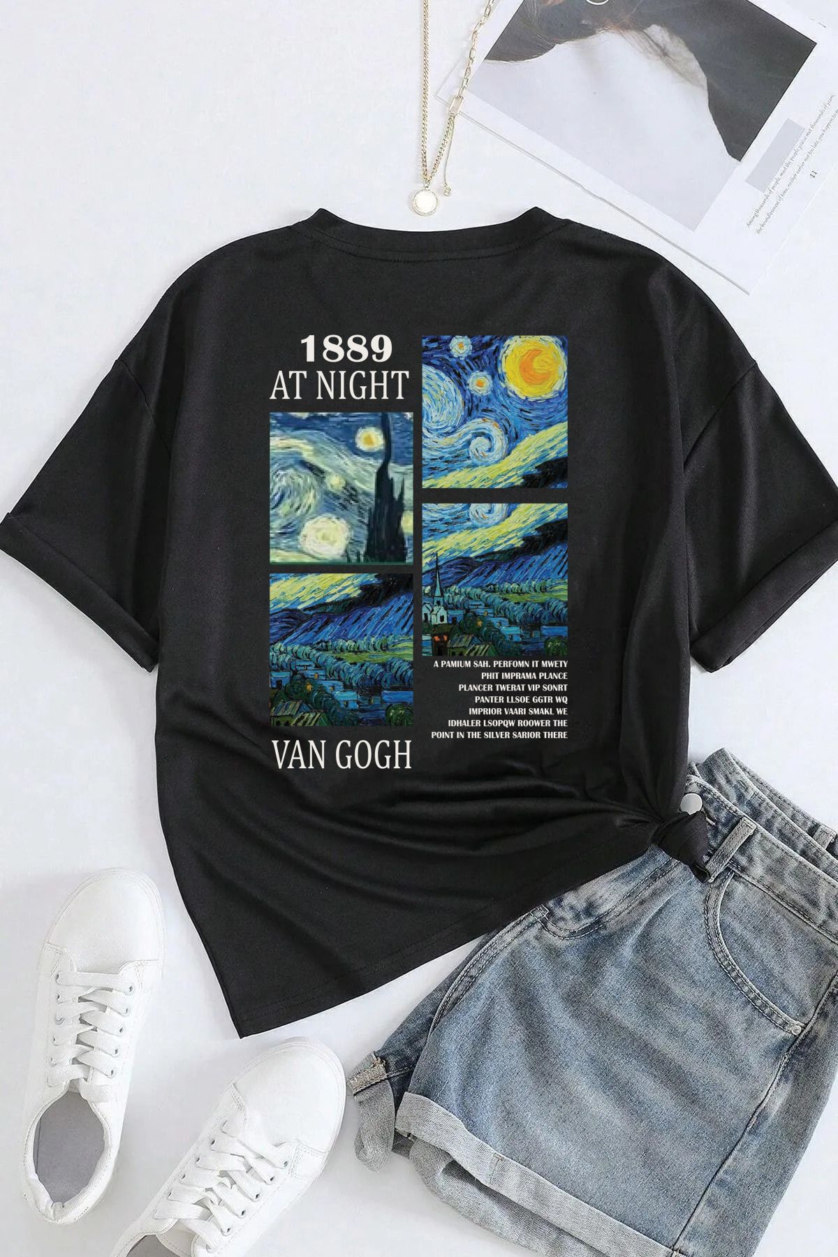 qavnas Unisex 1889 Vangogh Baskılı Rahat Kesim Siyah T-Shirt